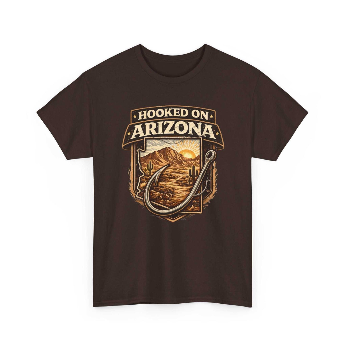 Vintage outdoors angler T-shirt by Big Sky Ranch Co., featuring Hooked on Arizona fishing design on a casual T-shirt.