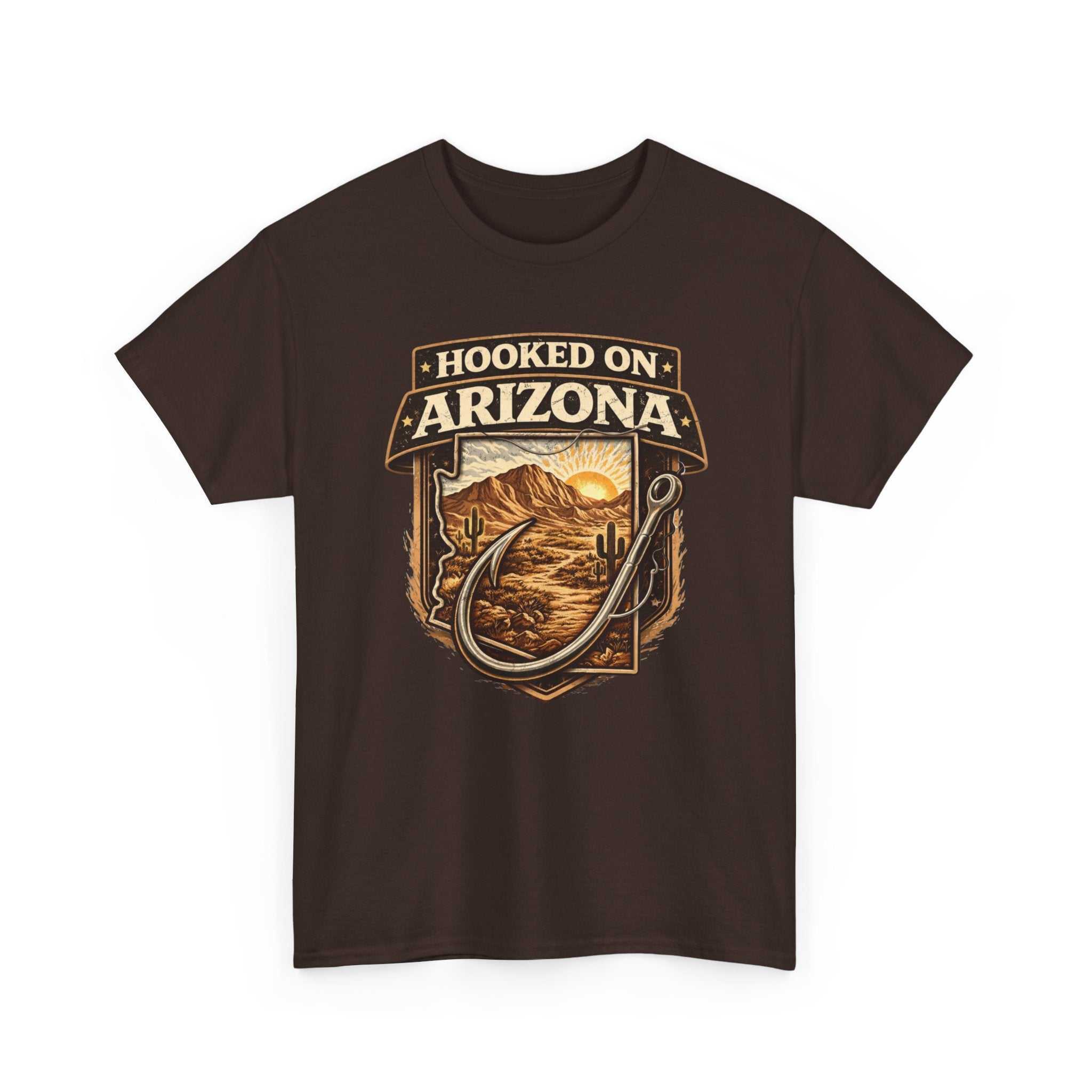Vintage outdoors angler T-shirt by Big Sky Ranch Co., featuring Hooked on Arizona fishing design on a casual T-shirt.