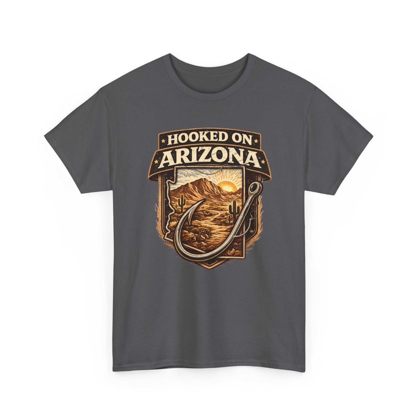 Vintage outdoors angler T-shirt by Big Sky Ranch Co. featuring Hooked on Arizona fishing design on a casual T-shirt.
