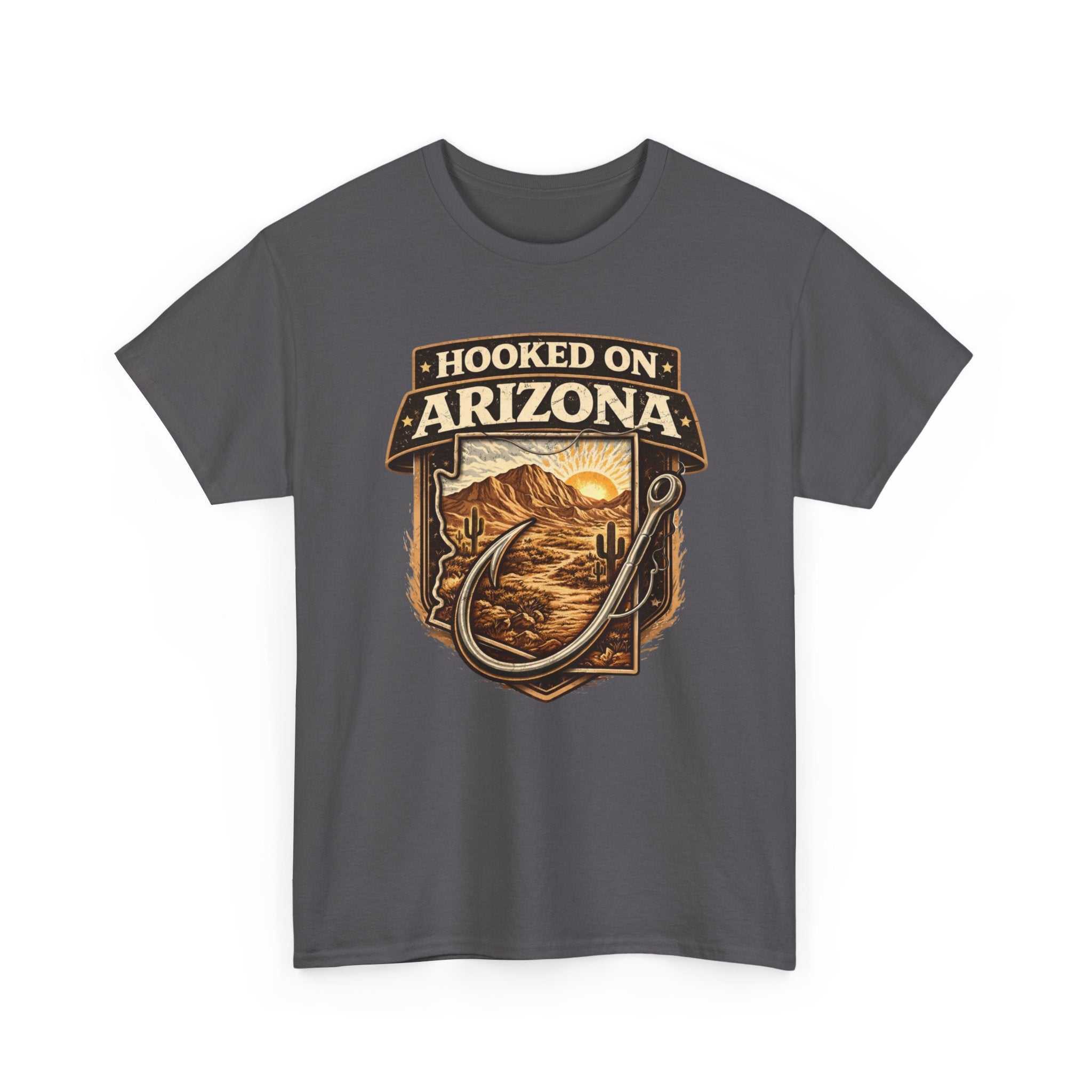 Vintage outdoors angler T-shirt by Big Sky Ranch Co. featuring Hooked on Arizona fishing design on a casual T-shirt.