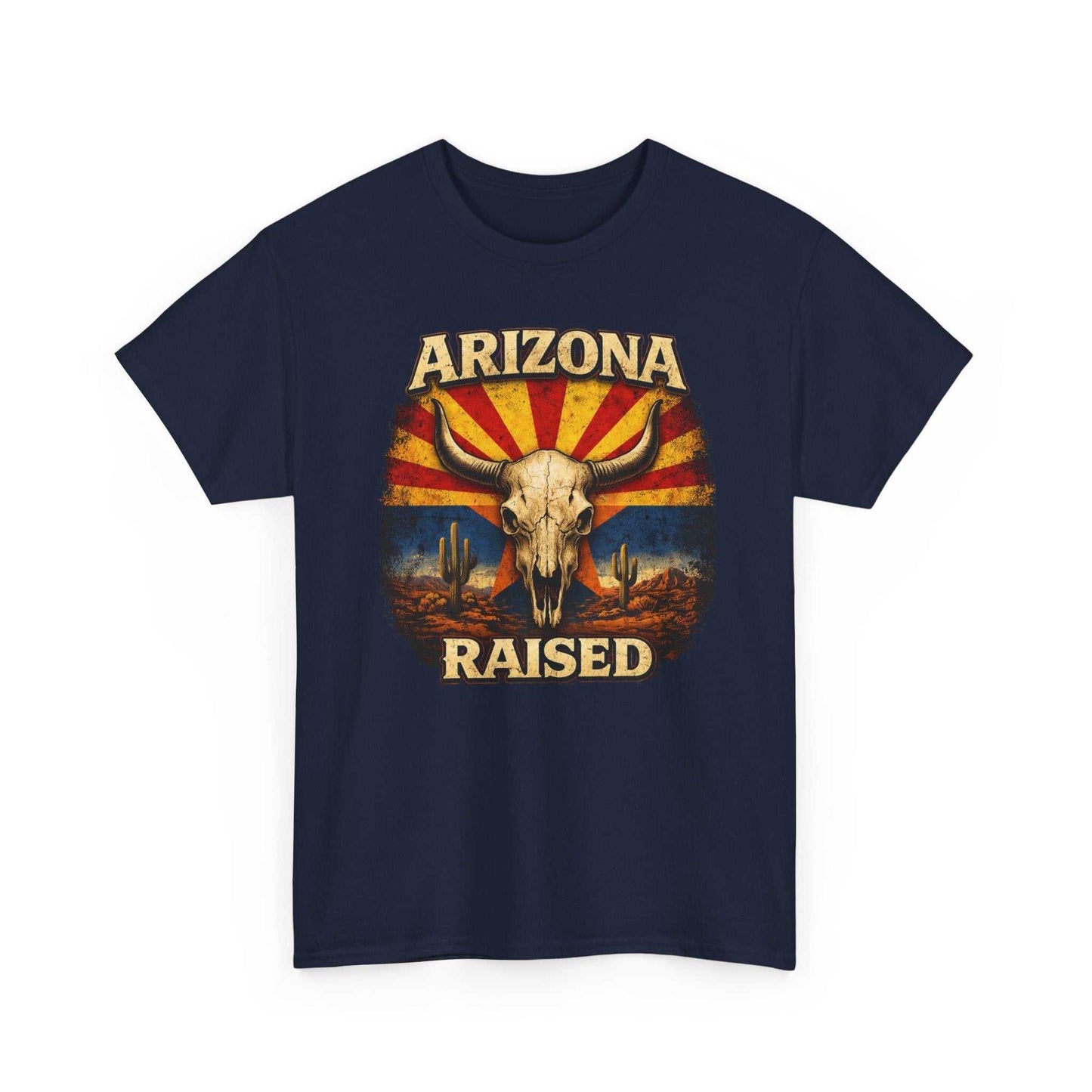 Arizona Raised T-Shirt by Big Sky Ranch Co. featuring desert skull and retro flag design on a casual cotton tee.