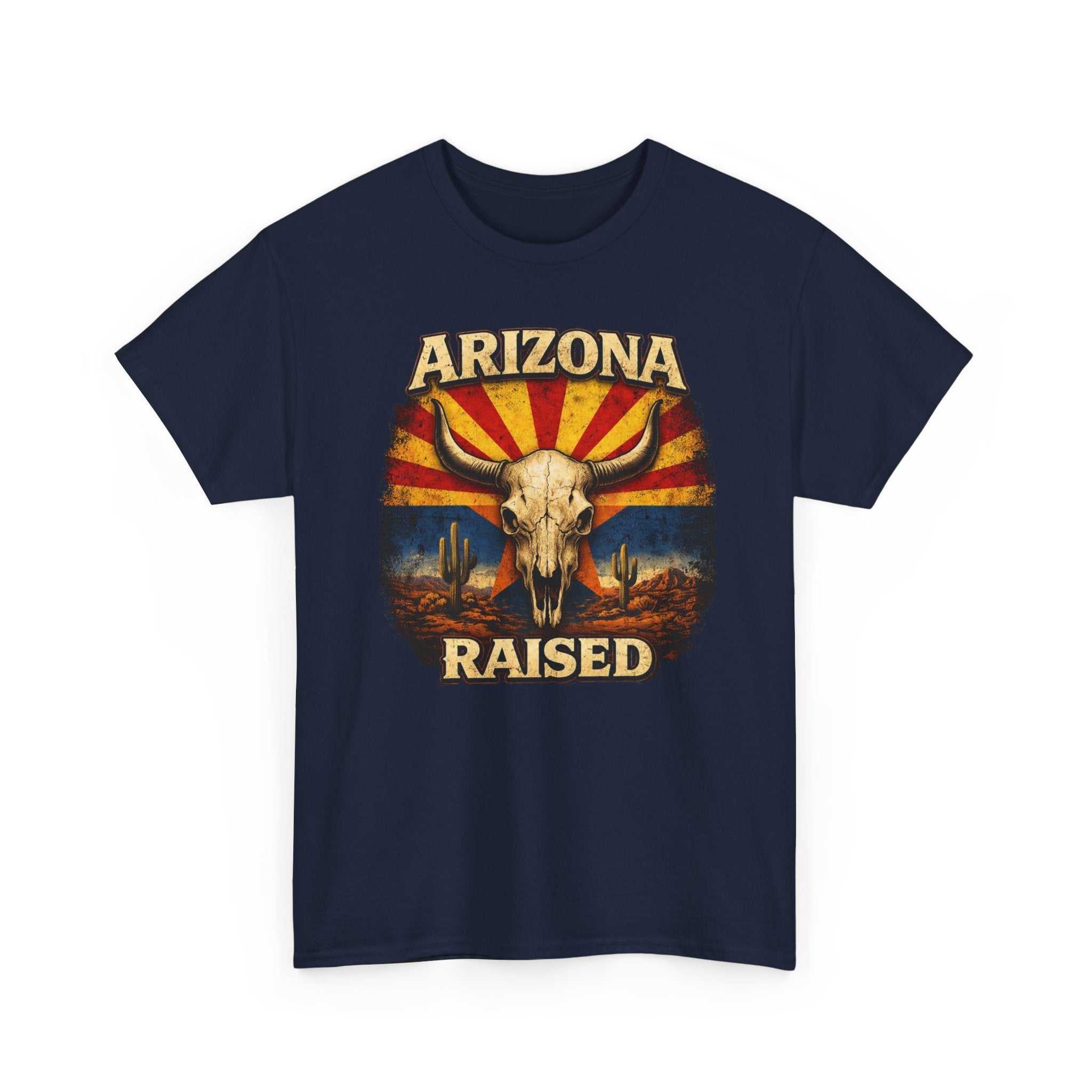 Arizona Raised T-Shirt by Big Sky Ranch Co. featuring desert skull and retro flag design on a casual cotton tee.