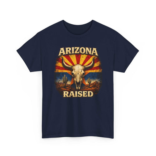 Arizona Raised T-Shirt by Big Sky Ranch Co. featuring desert skull and retro flag design on a casual cotton tee.