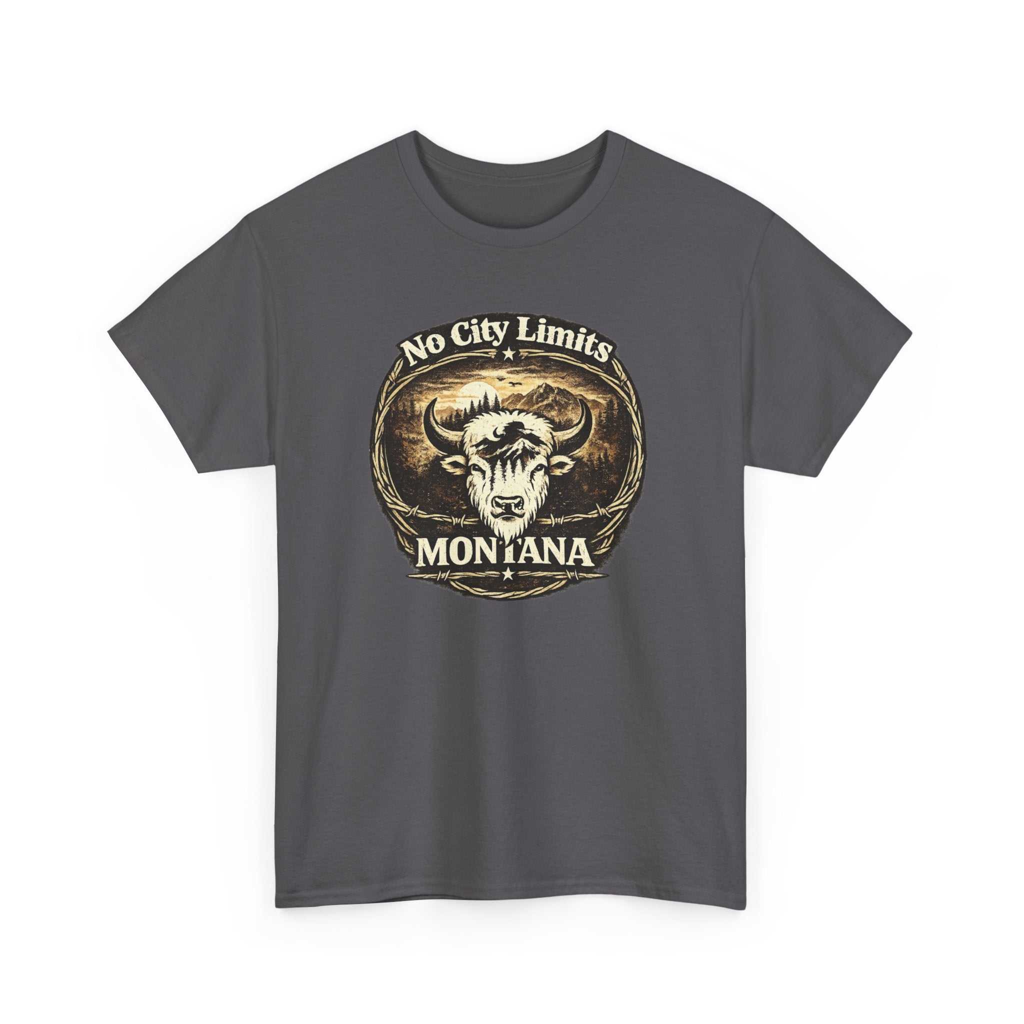 Vintage Montana Bison T-Shirt by Big Sky Ranch Co. featuring "No City Limits" western design, casual graphic tee for men.