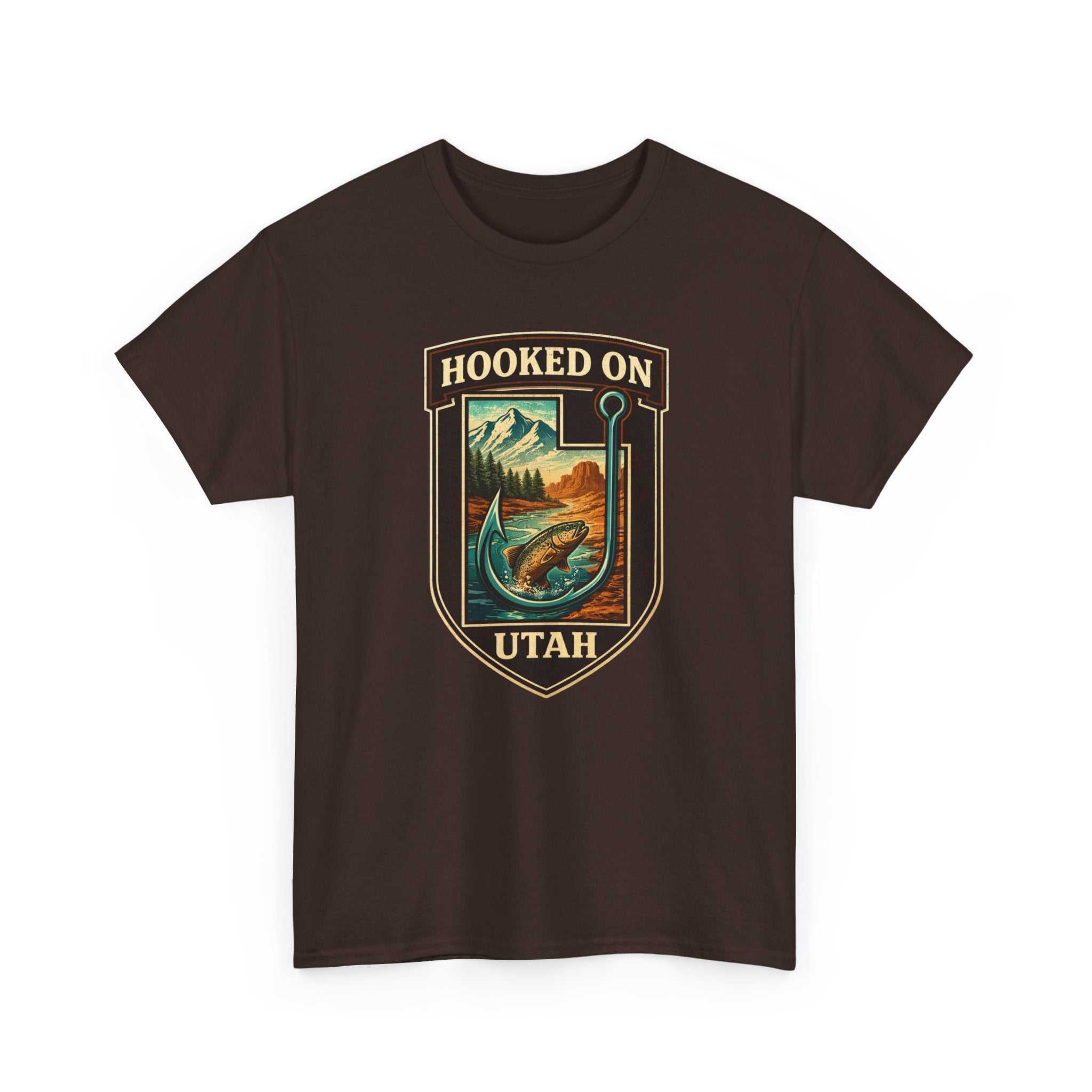 Vintage outdoors fly fishing T-shirt by Big Sky Ranch Co., featuring a hook design and Utah fishing scene.
