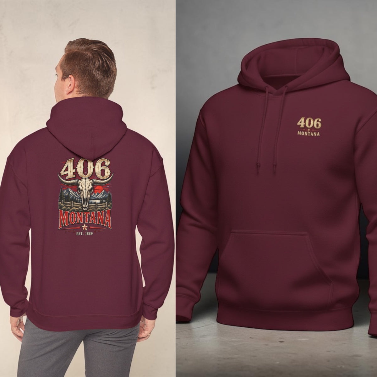 Montana 406 Hoodie – Rustic Skull & Mountain Graphic Hooded Sweatshirt