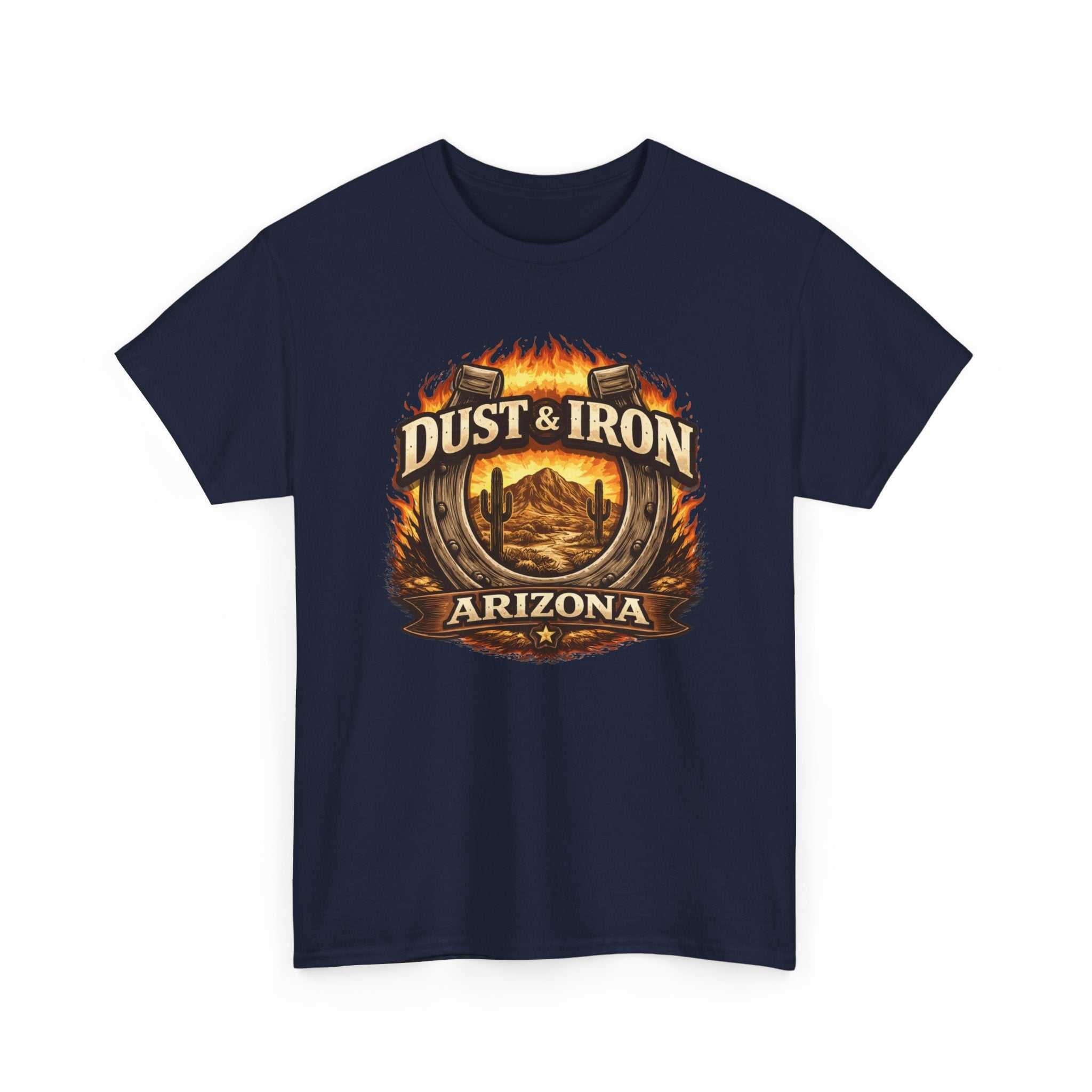 Arizona Dust & Iron T-Shirt by Big Sky Ranch Co. featuring vintage desert motorcycle emblem on soft cotton tee