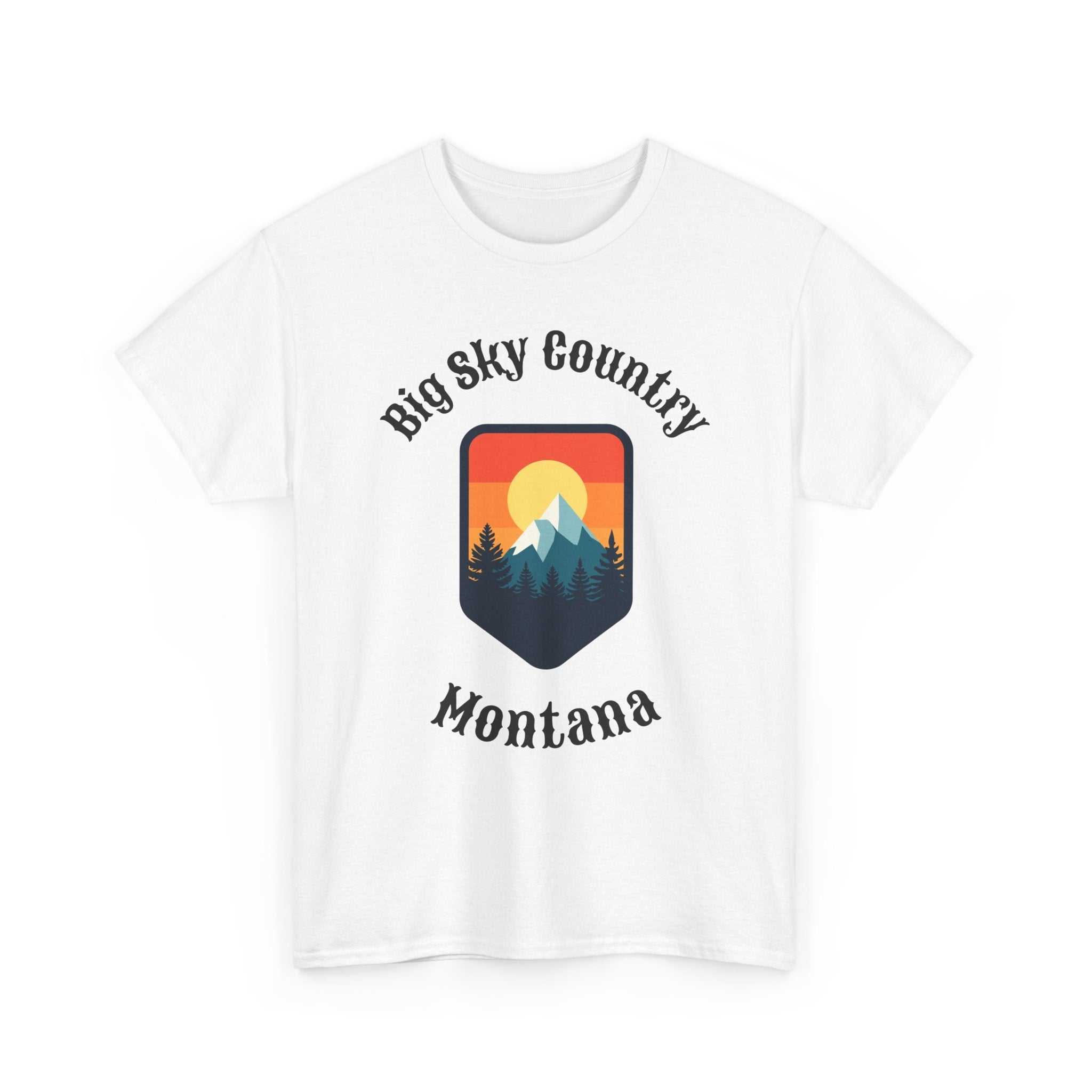Big Sky Ranch Co. Montana Big Sky T-Shirt featuring a retro mountain sunset graphic in vibrant colors.