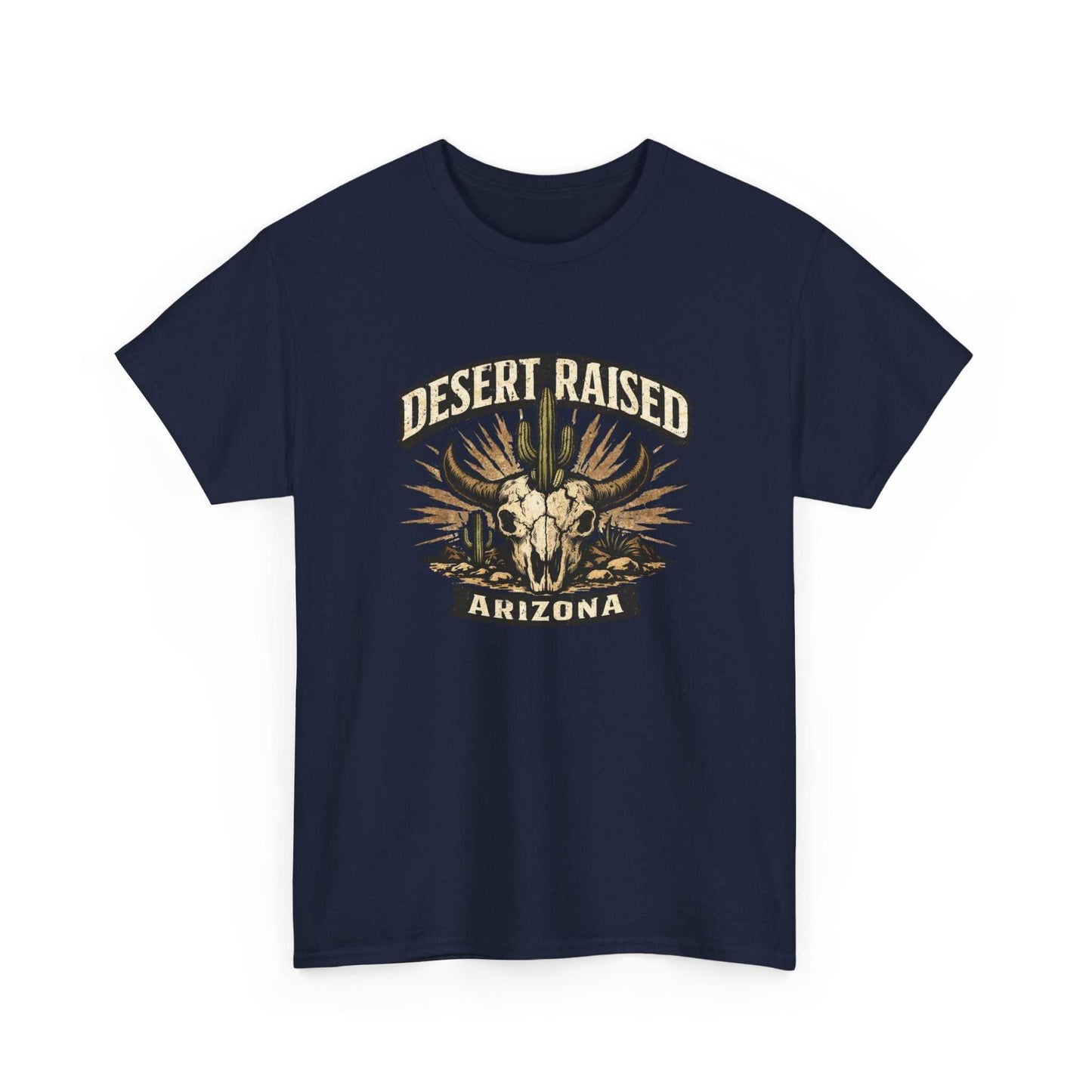 Desert Raised Arizona T-Shirt by Big Sky Ranch Co. featuring a southwestern skull and cactus graphic on a casual tee.