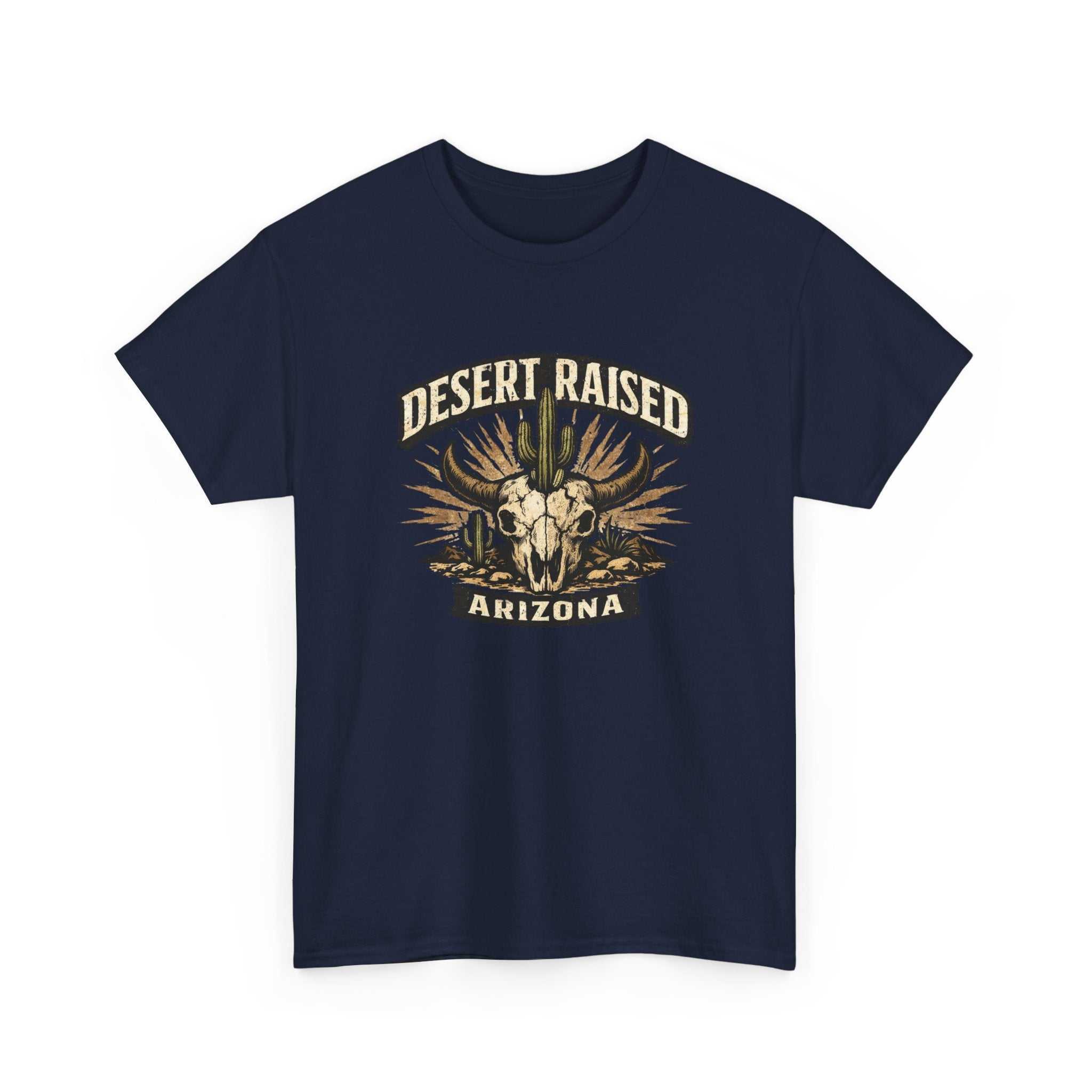 Desert Raised Arizona T-Shirt by Big Sky Ranch Co. featuring a southwestern skull and cactus graphic on a casual tee.