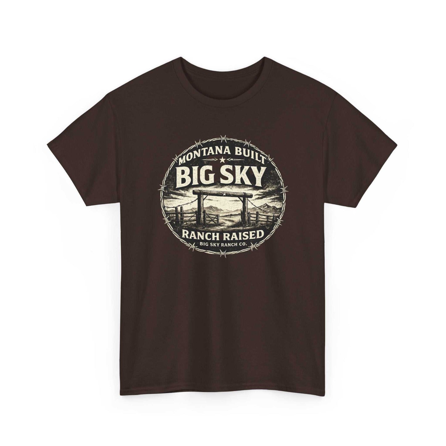 Big Sky Ranch Co. T-shirt with "Montana Built, Ranch Raised" graphic, showing a casual ranch-inspired design on a cotton tee.