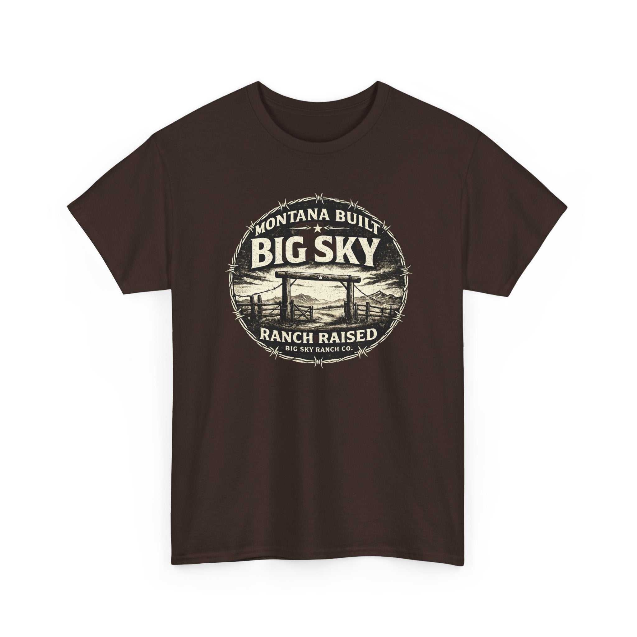 Big Sky Ranch Co. T-shirt with "Montana Built, Ranch Raised" graphic, showing a casual ranch-inspired design on a cotton tee.