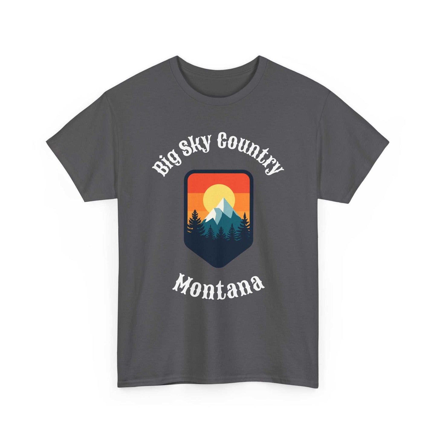 Big Sky Ranch Co. Montana Big Sky T-Shirt with retro mountain sunset graphic, casual mountain landscape tee for outdoor enthusiasts