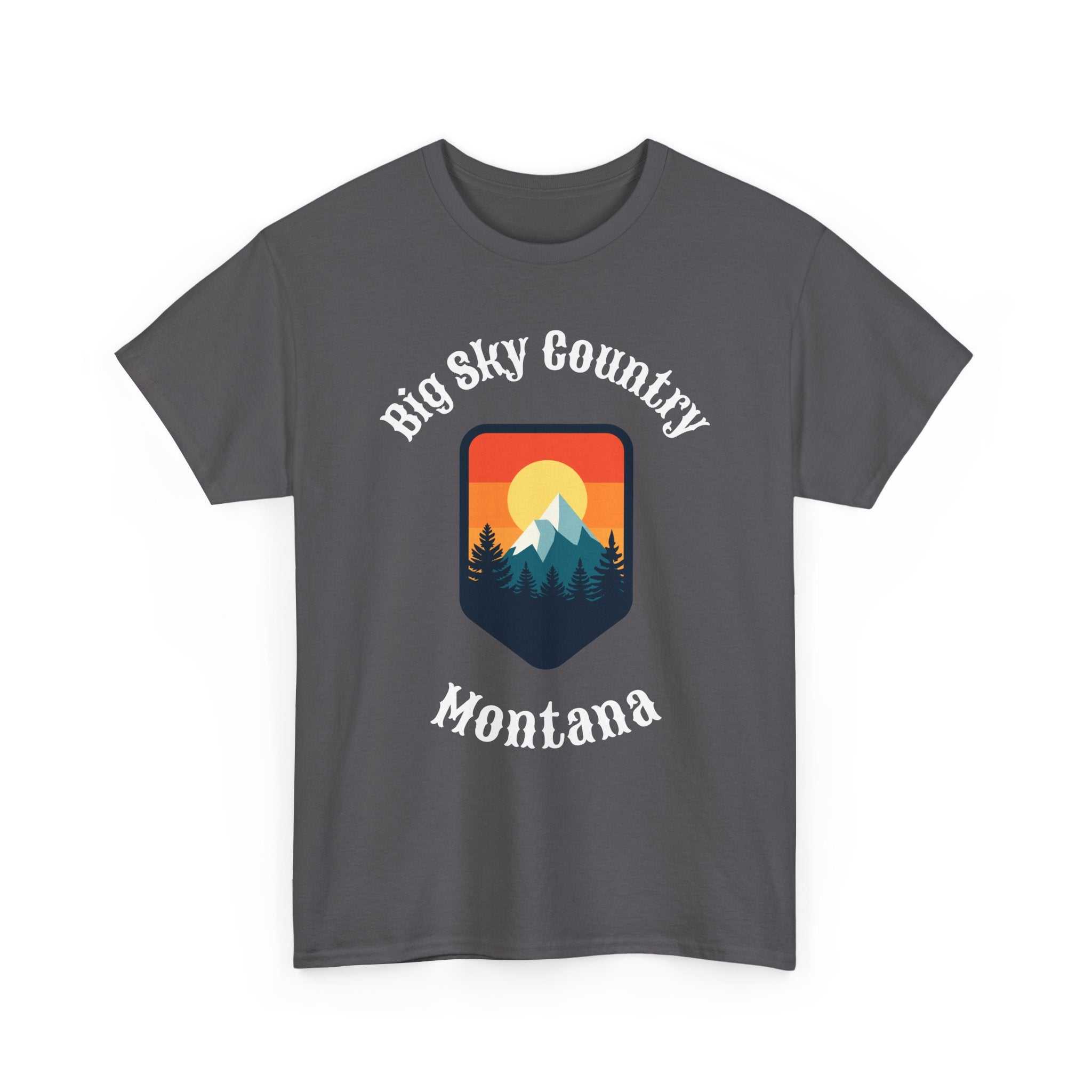 Big Sky Ranch Co. Montana Big Sky T-Shirt with retro mountain sunset graphic, casual mountain landscape tee for outdoor enthusiasts