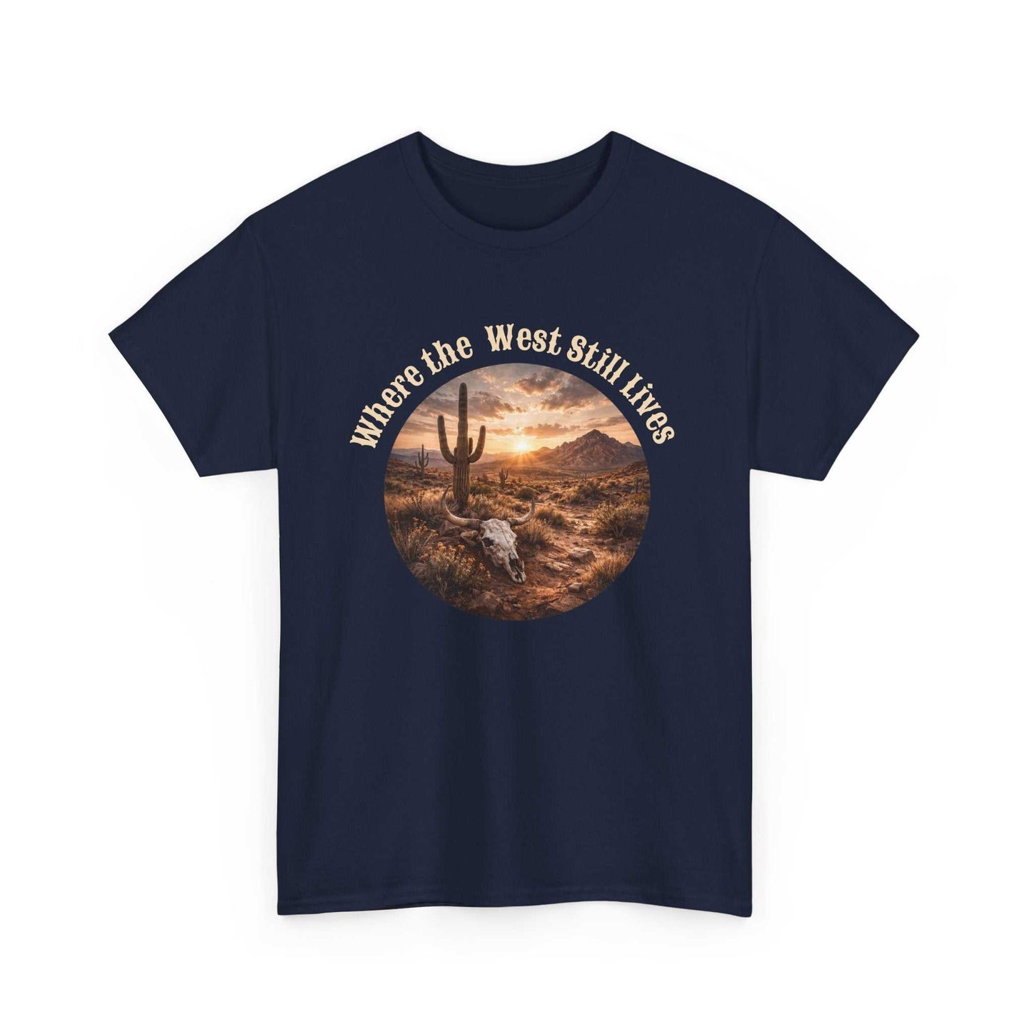 Western Sunset Tee by Big Sky Ranch Co. showing a desert scene with a sunset and "Where the West Still Lives" slogan on a T-shirt.