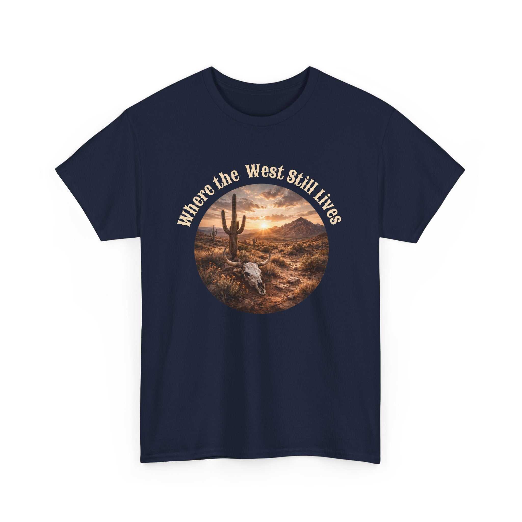 Western Sunset Tee by Big Sky Ranch Co. showing a desert scene with a sunset and "Where the West Still Lives" slogan on a T-shirt.