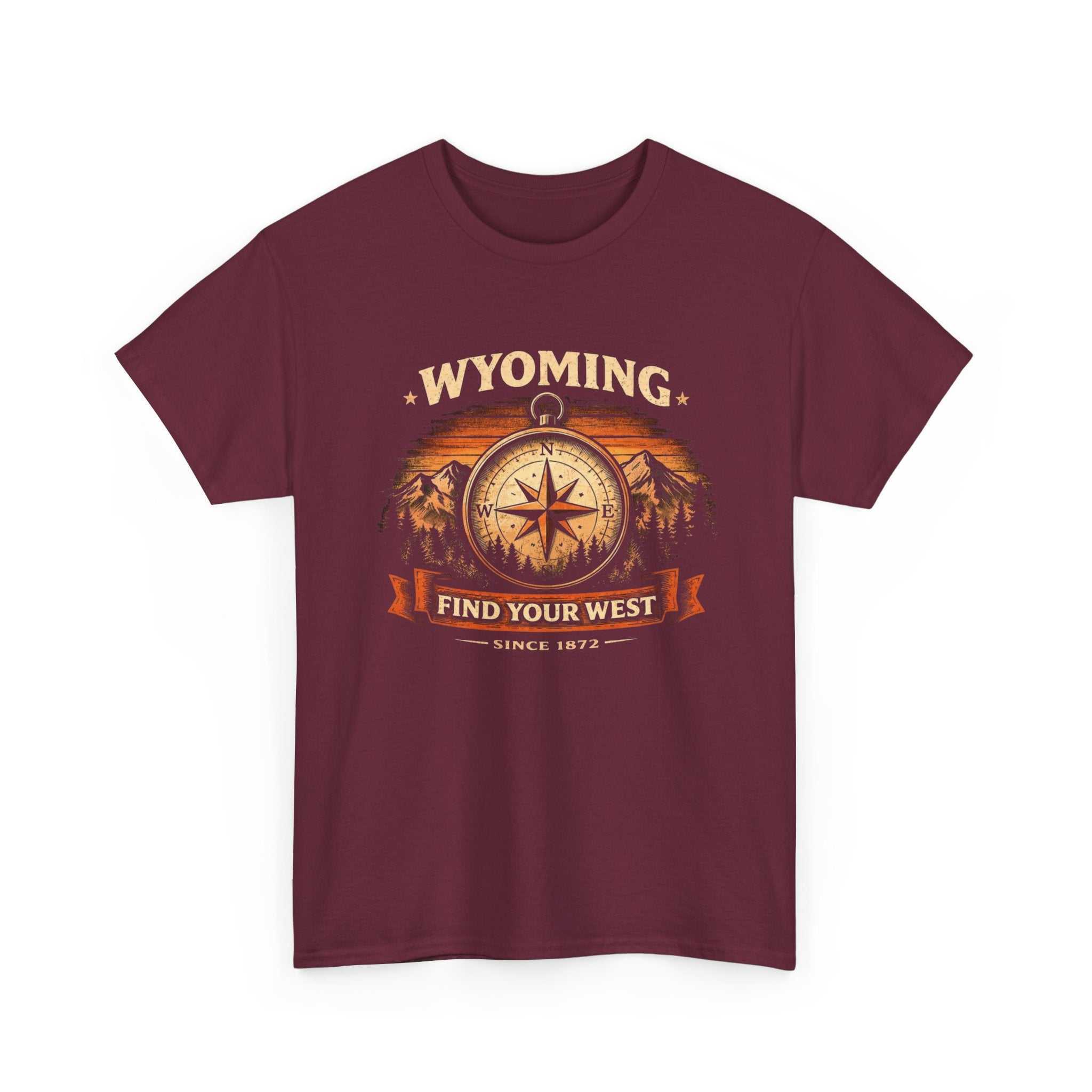 Big Sky Ranch Co. Wyoming Compass T-Shirt featuring "Find Your West" vintage adventure design on a casual cotton tee.