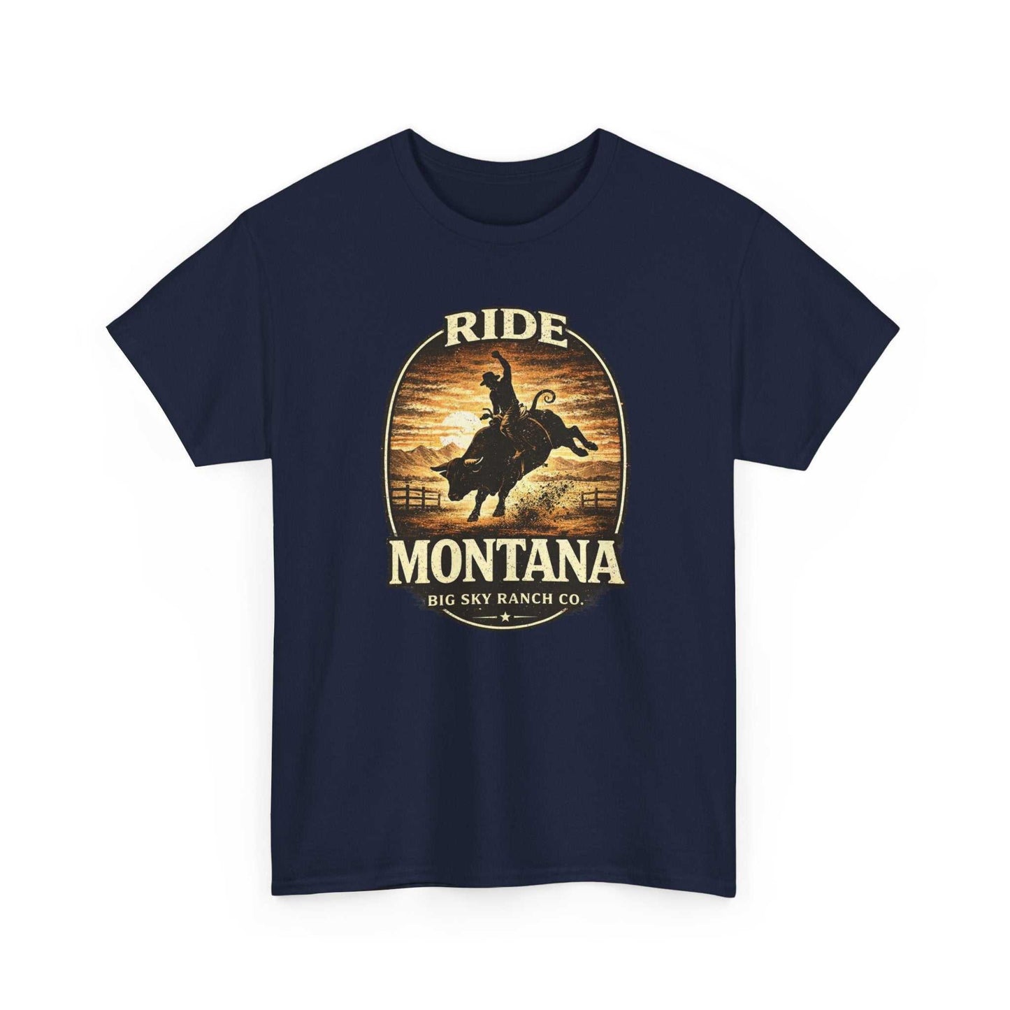 Vintage cowboy Ride Montana T-Shirt by Big Sky Ranch Co., featuring a rugged rodeo design on soft fabric.