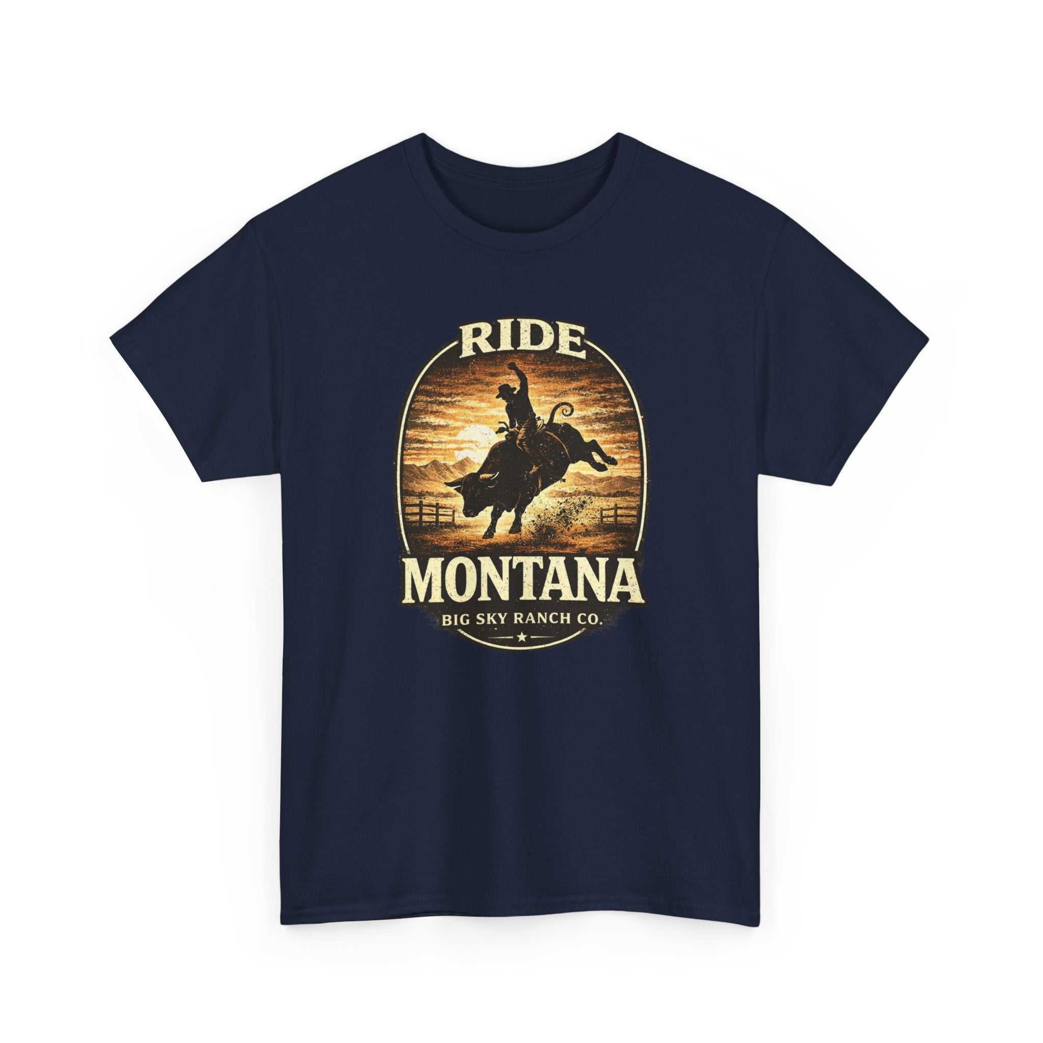 Vintage cowboy Ride Montana T-Shirt by Big Sky Ranch Co., featuring a rugged rodeo design on soft fabric.