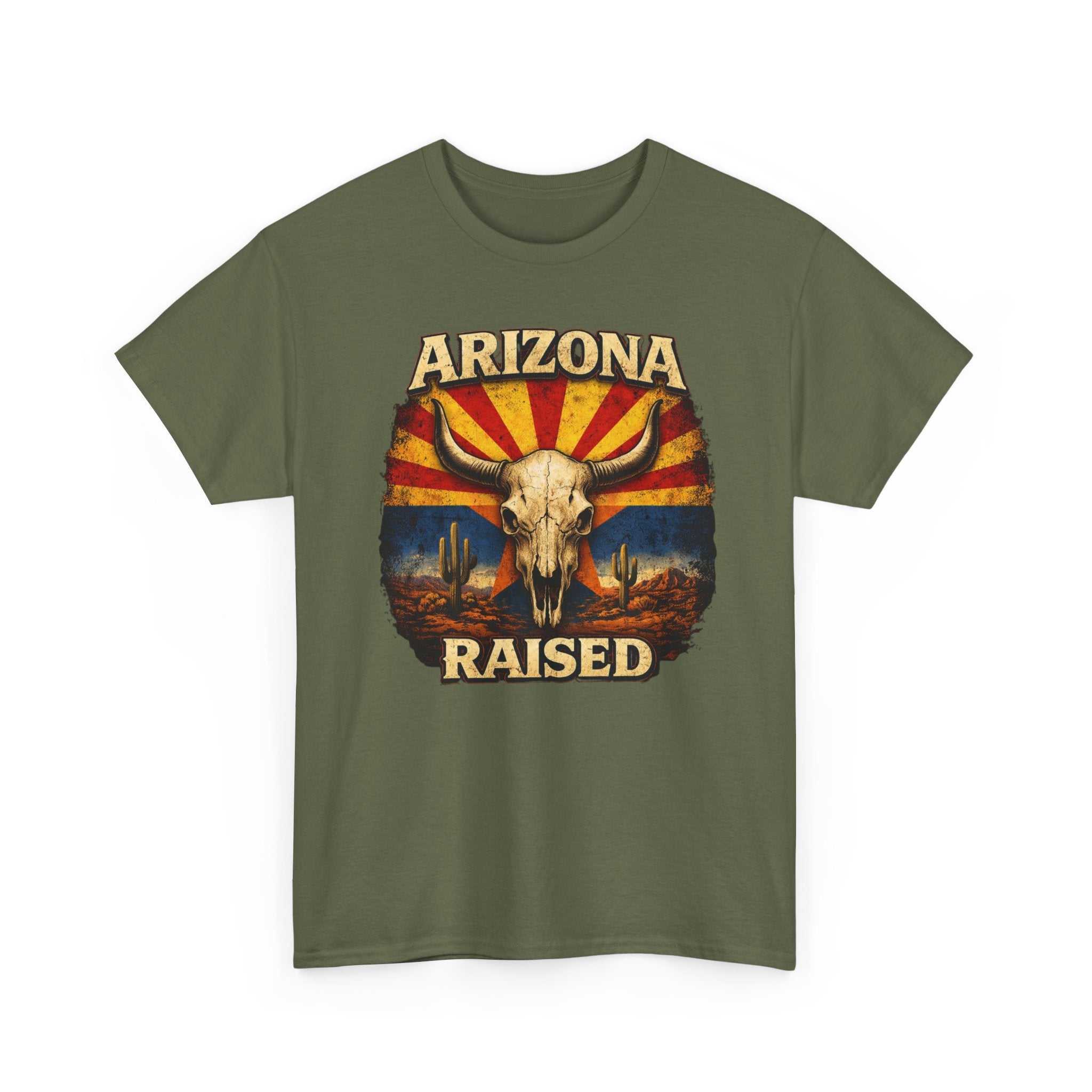 Arizona Raised T-Shirt by Big Sky Ranch Co. featuring desert skull and retro flag design, casual graphic tee for outdoor enthusiasts.