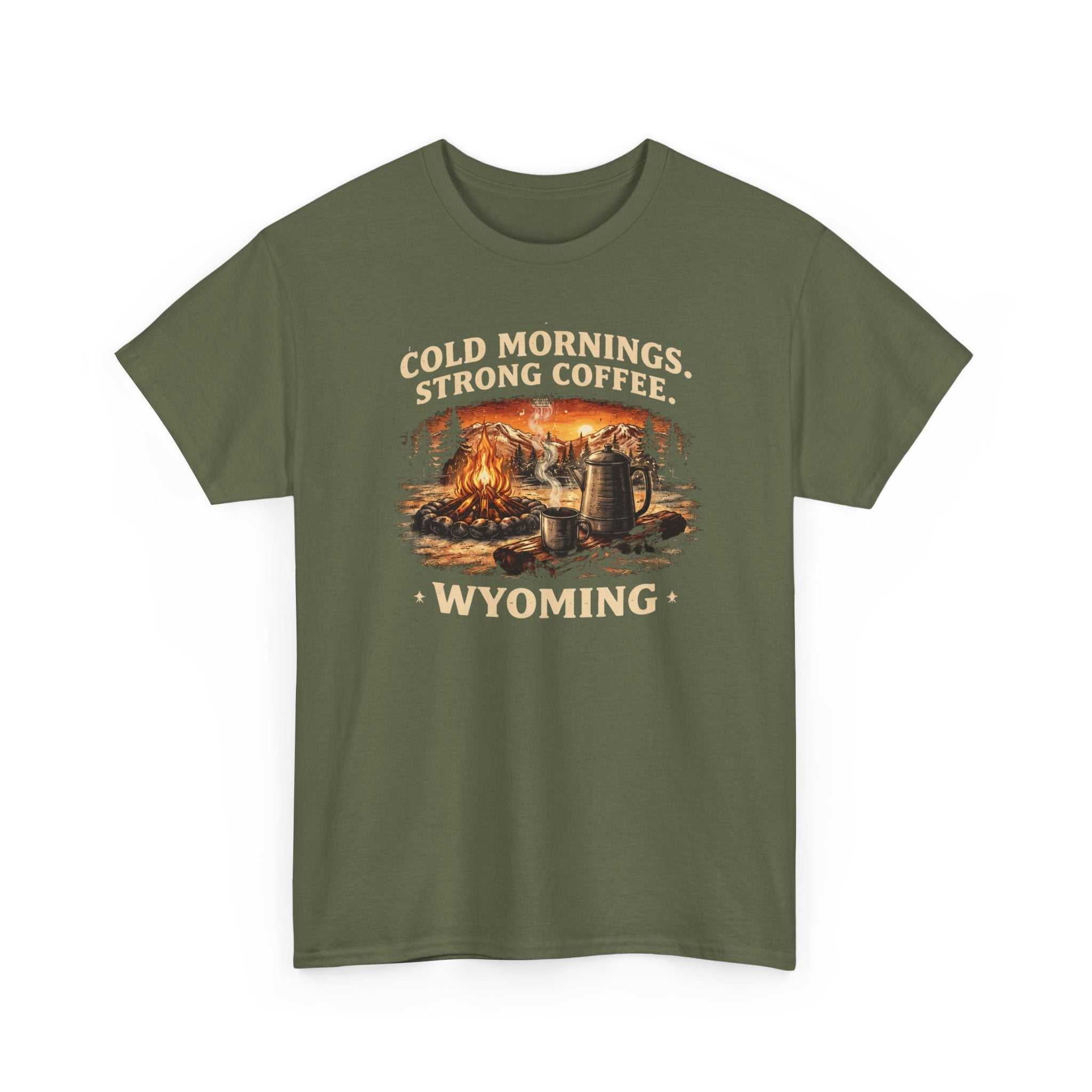 Big Sky Ranch Co. Wyoming Campfire T-shirt with outdoor graphic and the phrase "Cold Mornings, Strong Coffee" on soft cotton tee