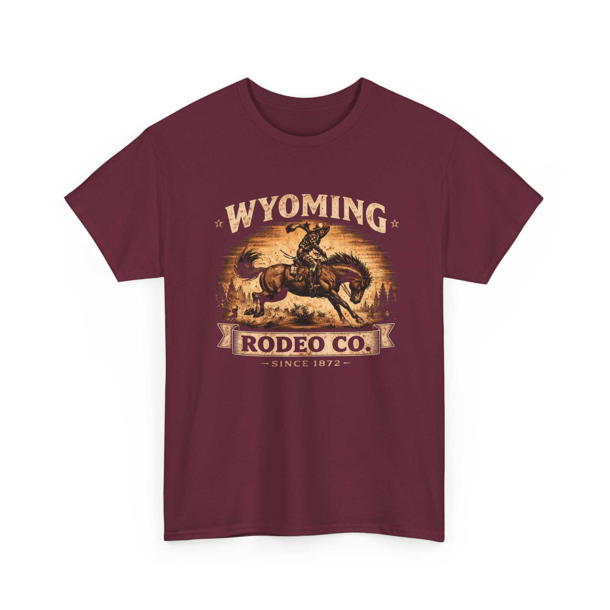 Big Sky Ranch Co. Wyoming Rodeo Co. vintage bucking bronco T-shirt featuring a classic rodeo graphic on soft cotton fabric.