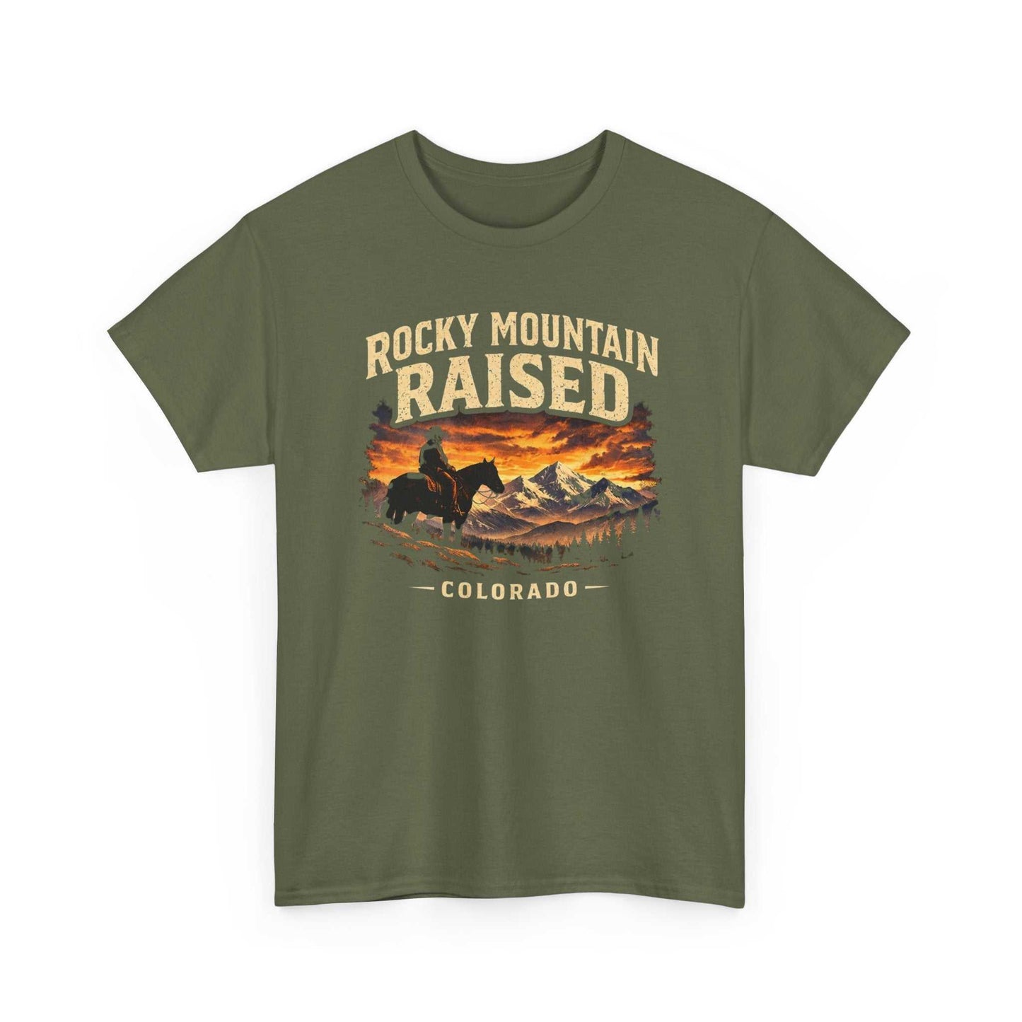 Big Sky Ranch Co. Rocky Mountain Raised Colorado T-Shirt featuring a western cowboy sunset design, casual graphic tee.