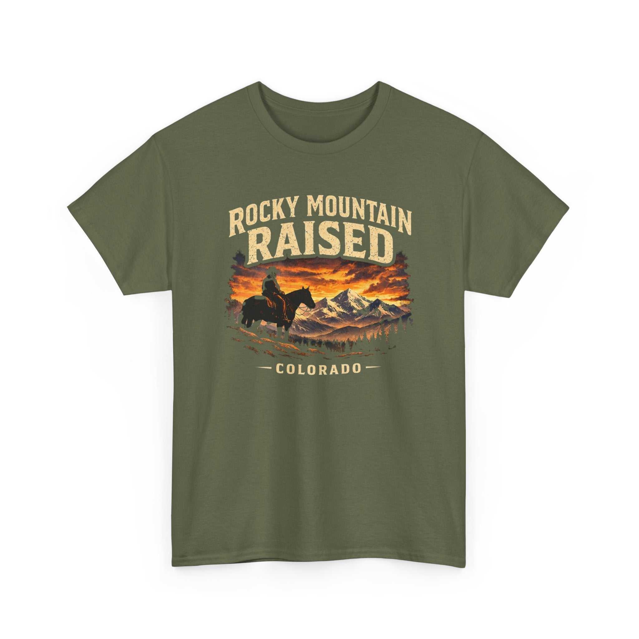 Big Sky Ranch Co. Rocky Mountain Raised Colorado T-Shirt featuring a western cowboy sunset design, casual graphic tee.