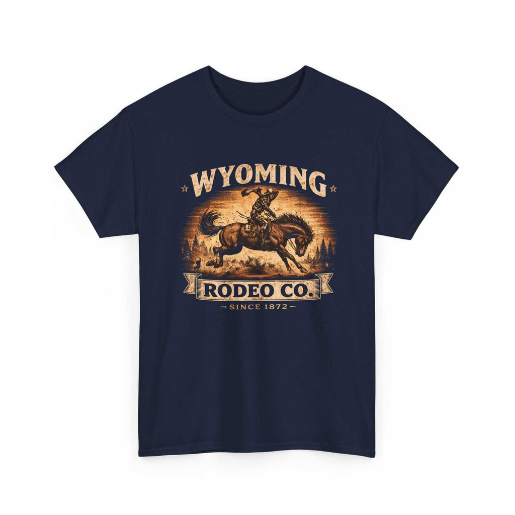 Big Sky Ranch Co. Wyoming Rodeo Co. vintage bucking bronco T-shirt showing a classic rodeo design on soft fabric.