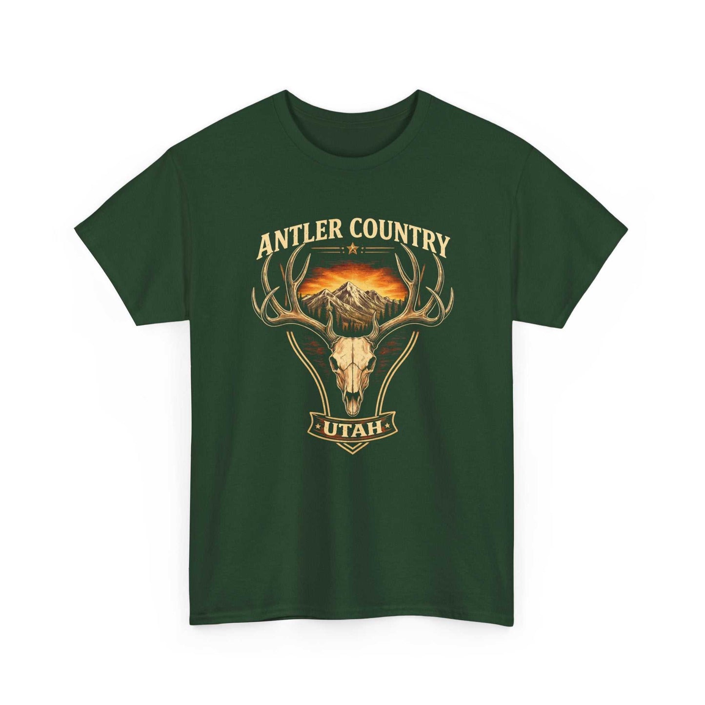 Vintage Antler Country Utah T-Shirt by Big Sky Ranch Co. featuring a deer skull and mountain graphic design.