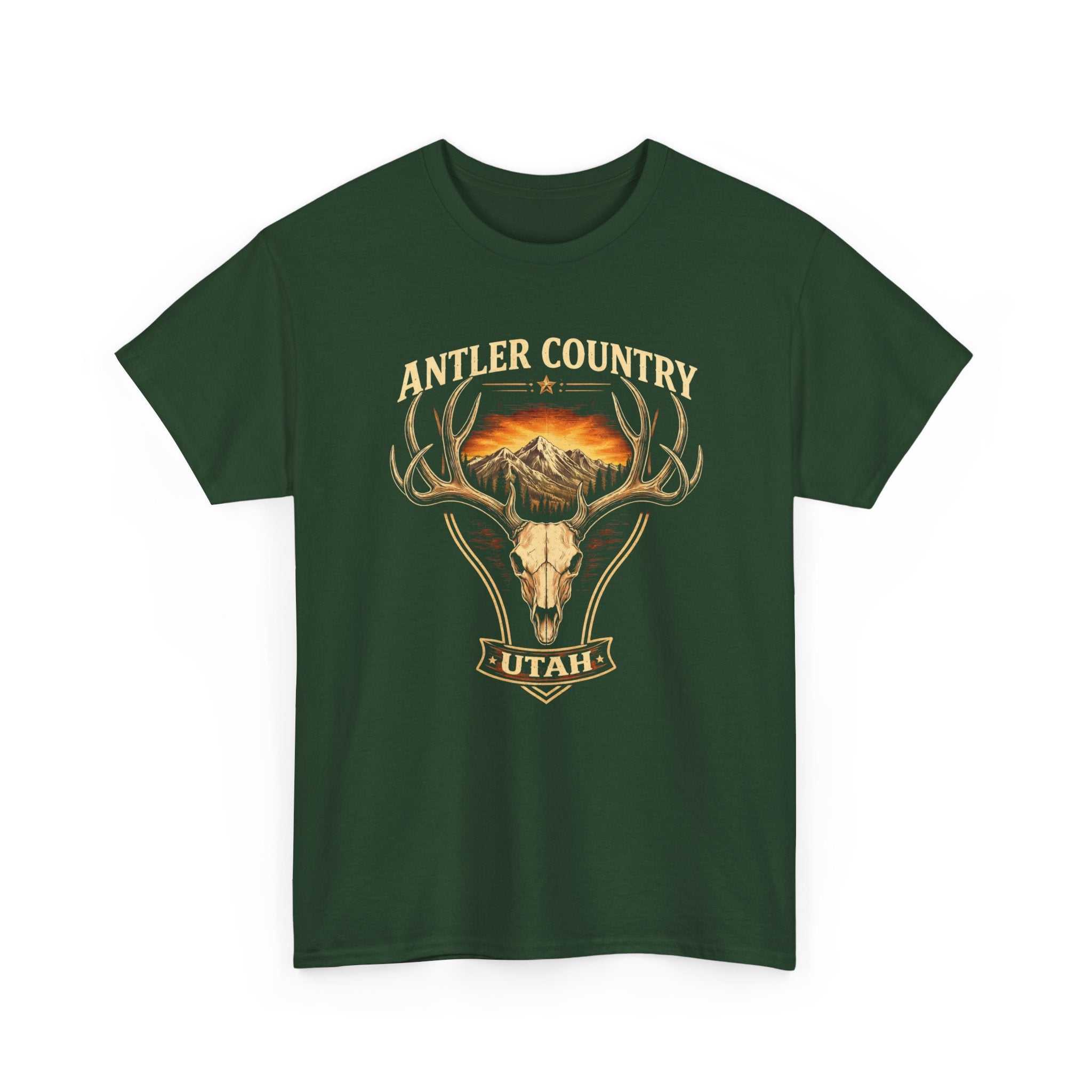 Vintage Antler Country Utah T-Shirt by Big Sky Ranch Co. featuring a deer skull and mountain graphic design.