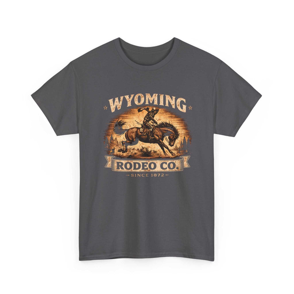 Vintage Bucking Bronco T-Shirt by Big Sky Ranch Co., featuring a Wyoming Rodeo Co. graphic design on a casual cotton tee.