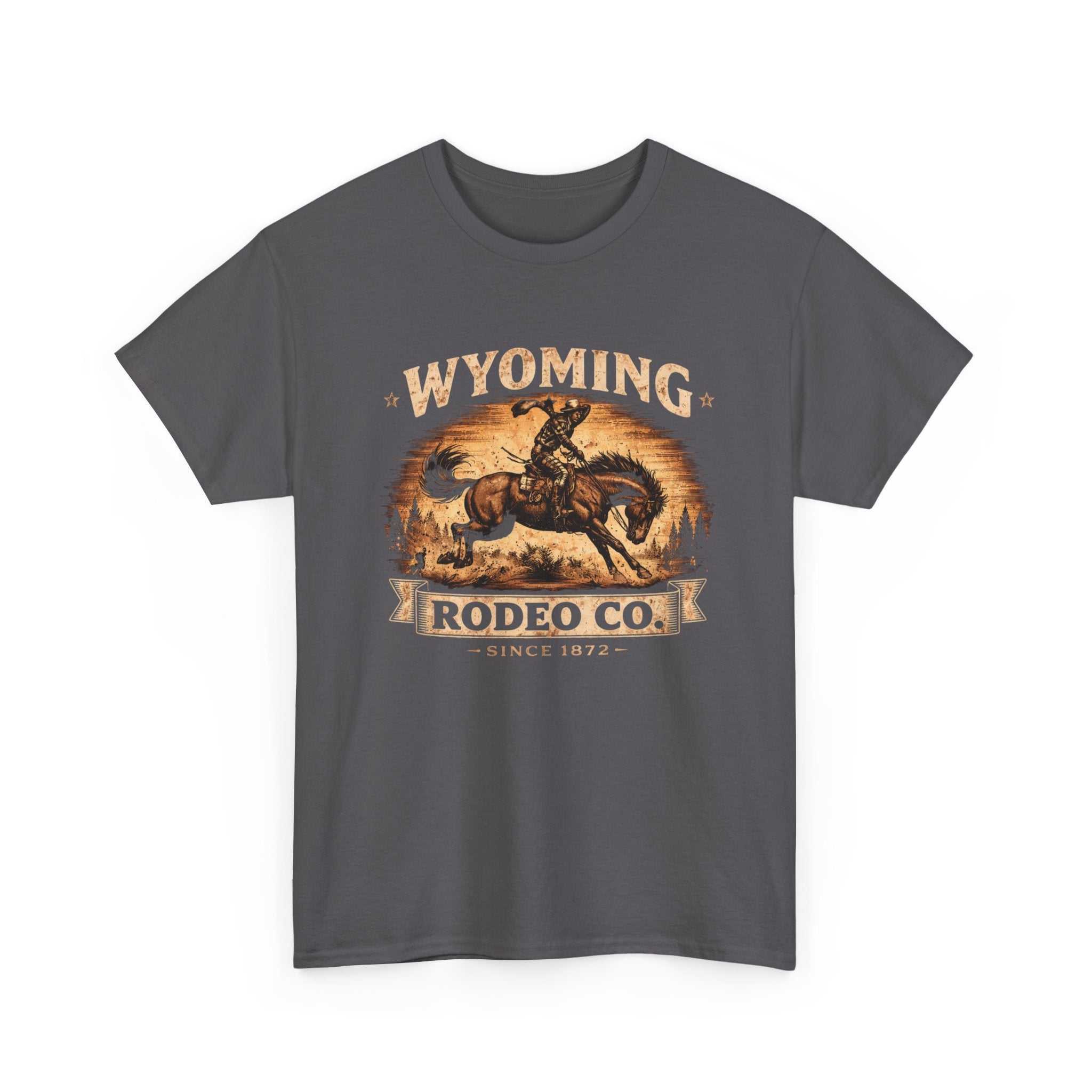 Vintage Bucking Bronco T-Shirt by Big Sky Ranch Co., featuring a Wyoming Rodeo Co. graphic design on a casual cotton tee.