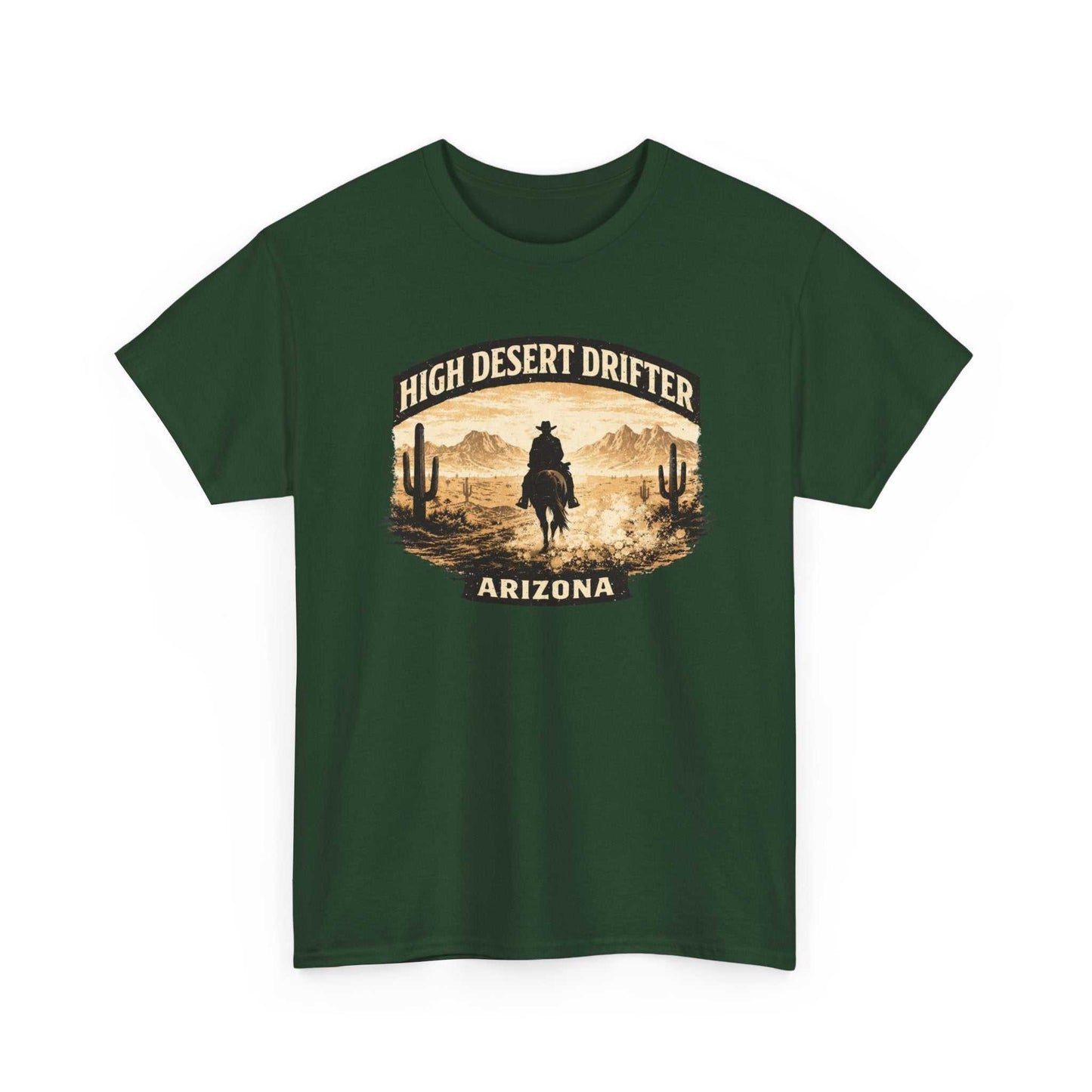 Arizona-themed Western cowboy graphic T-shirt by Big Sky Ranch Co., featuring desert scene on a High Desert Drifter tee.