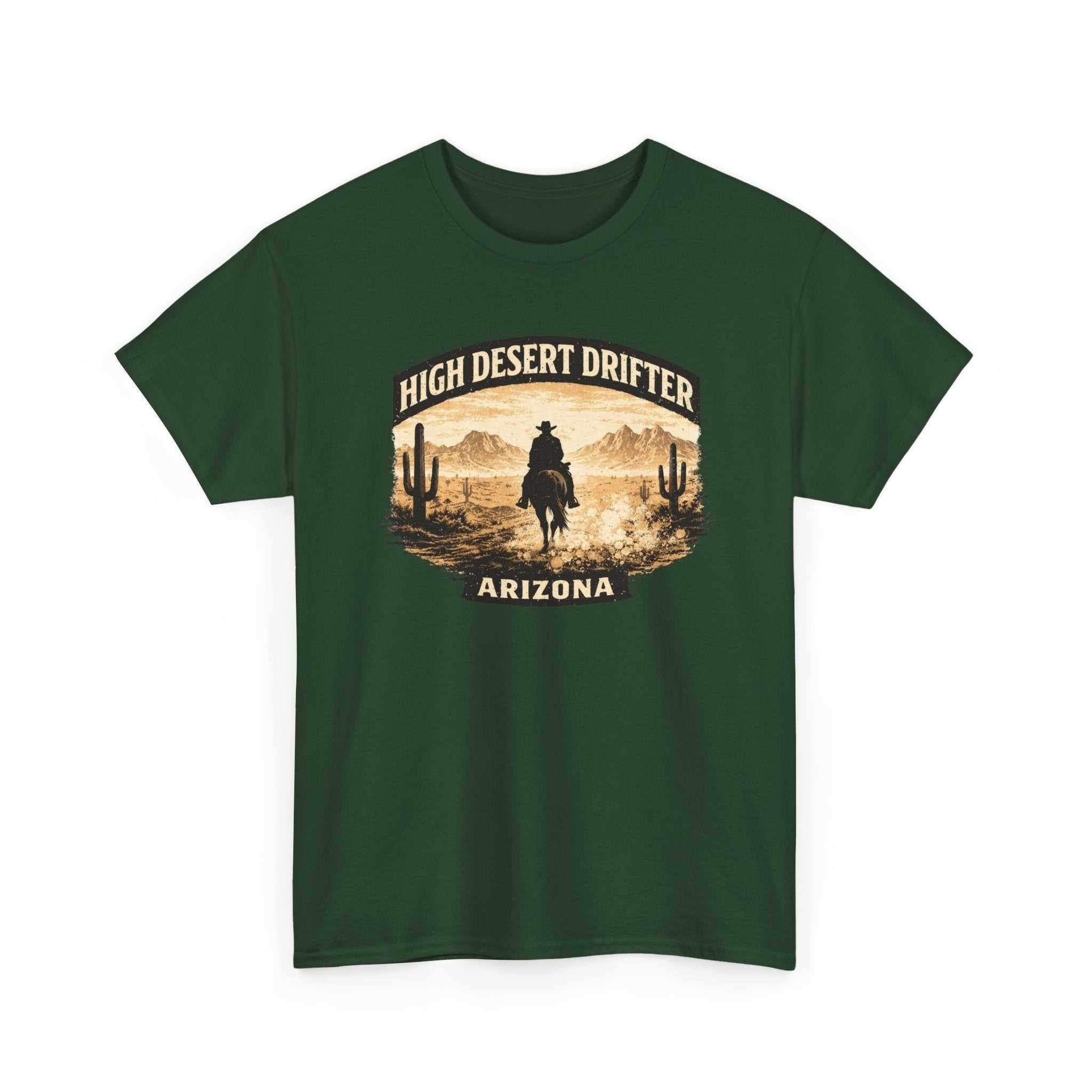 Arizona-themed Western cowboy graphic T-shirt by Big Sky Ranch Co., featuring desert scene on a High Desert Drifter tee.