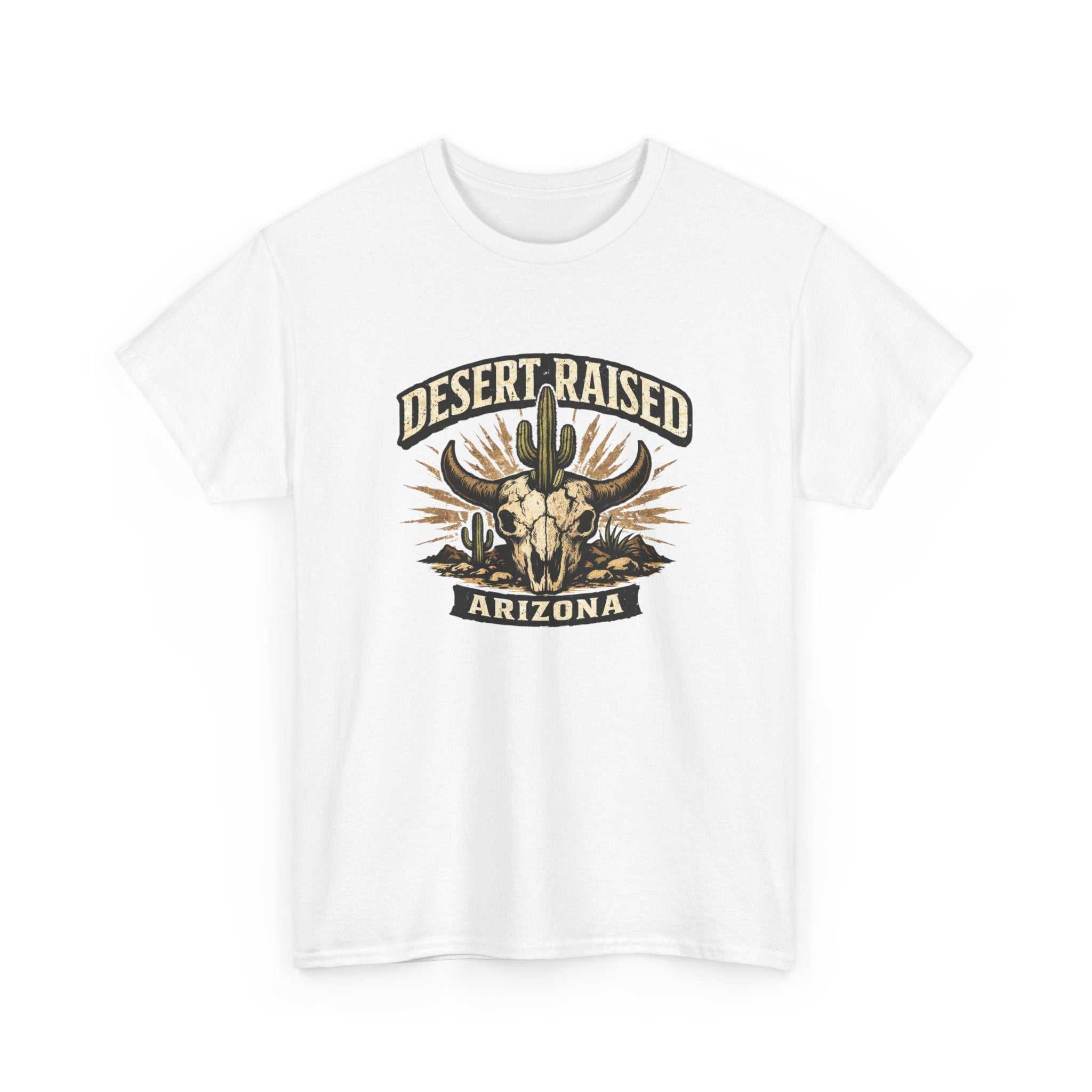 Desert Raised Arizona T-Shirt by Big Sky Ranch Co. featuring a southwestern skull and cactus graphic on a casual tee.