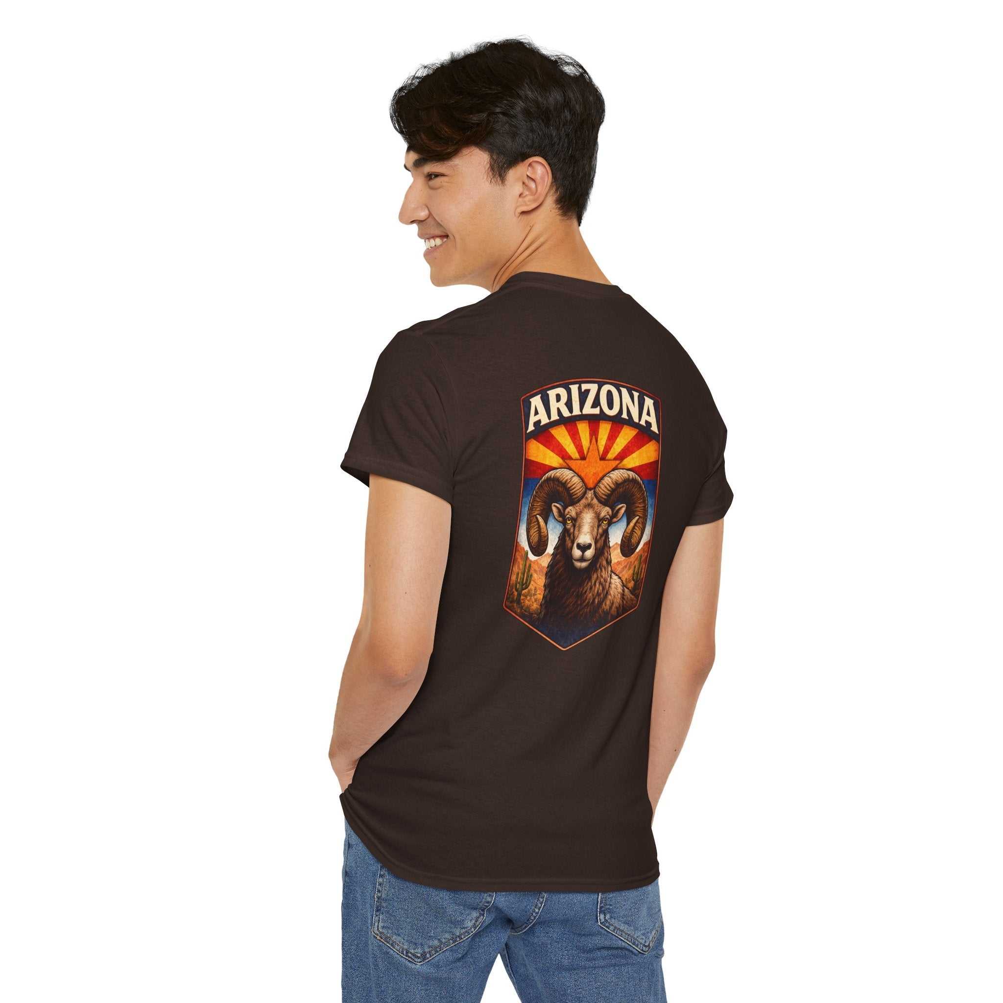 Arizona Desert Bighorn Ram T-Shirt by Big Sky Ranch Co., featuring a retro state badge and desert bighorn ram graphic.