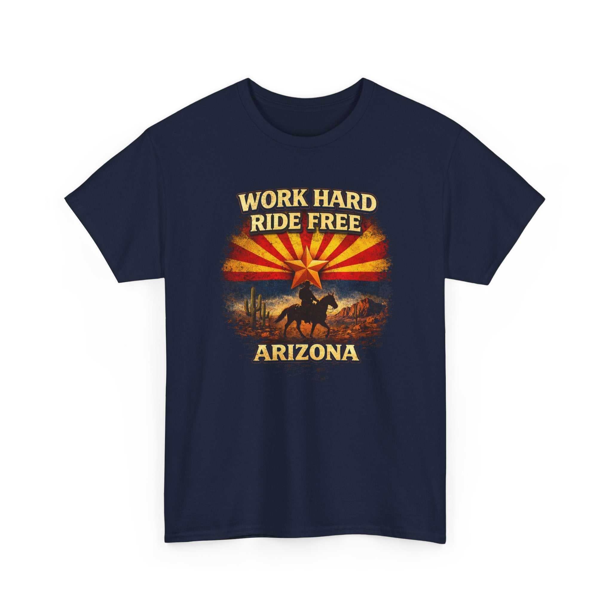Arizona Big Sky Ranch Co. cowboy T-shirt with "Work Hard Ride Free" slogan, featuring rugged western style design.