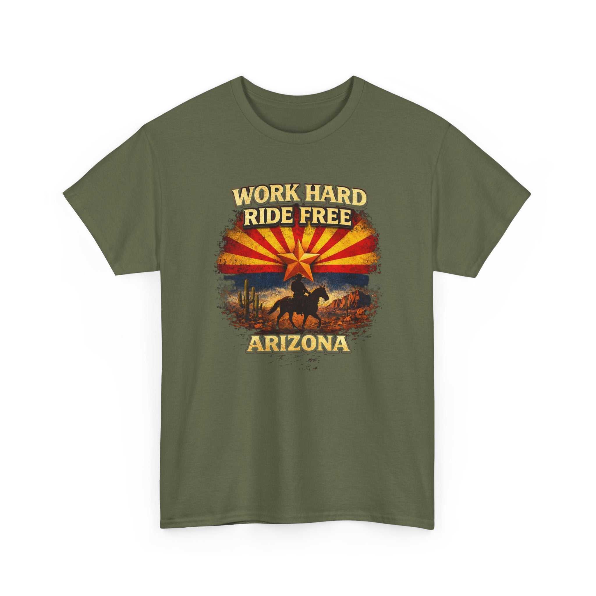 Arizona 'Work Hard Ride Free' cowboy T-shirt by Big Sky Ranch Co., featuring a southwestern design and casual fit.