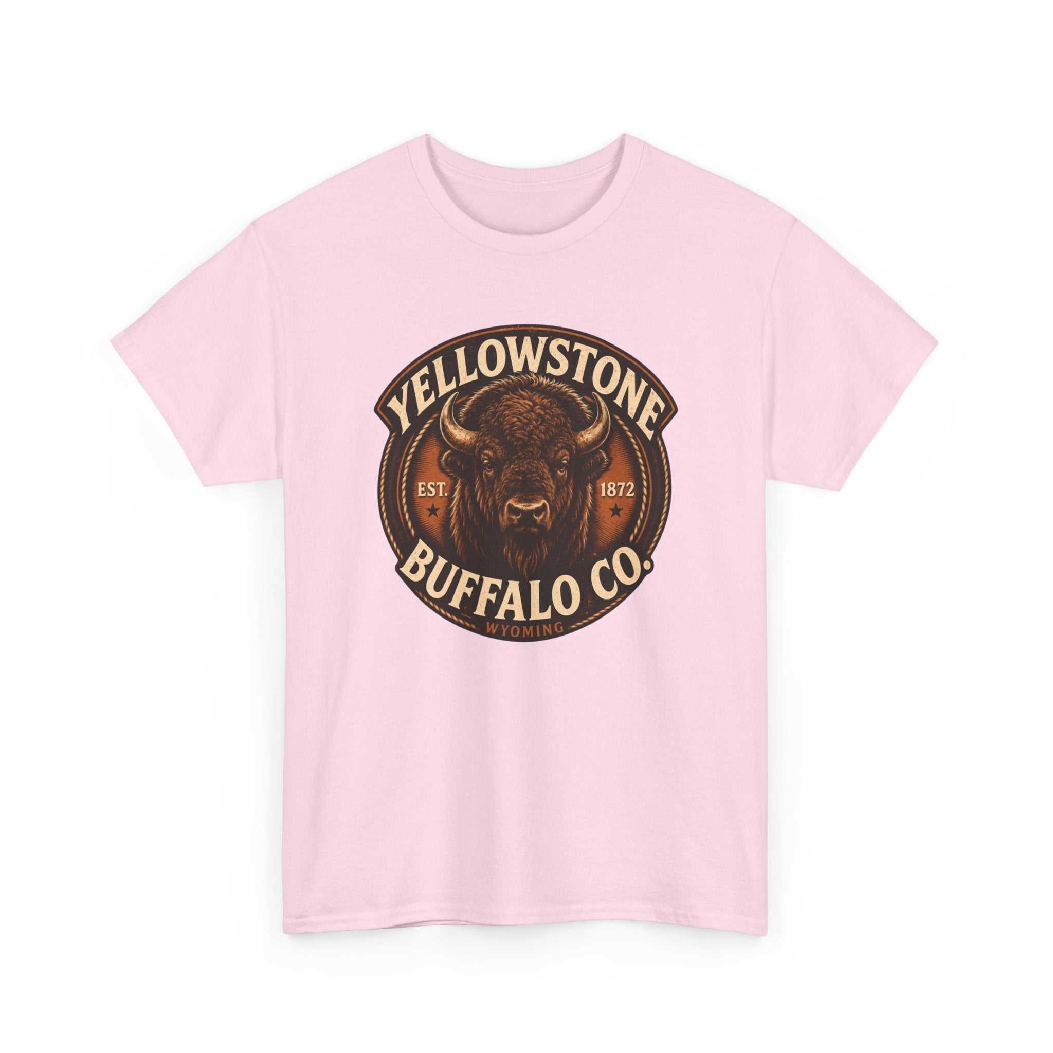 Vintage Yellowstone Buffalo Co. T-Shirt by Big Sky Ranch Co. featuring rustic buffalo graphic on soft cotton tee.