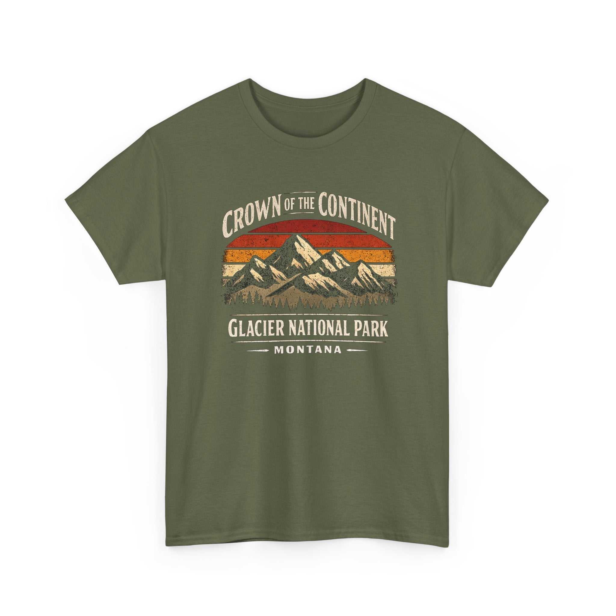 Vintage Glacier National Park T-shirt by Big Sky Ranch Co. featuring mountain and crown design, "Crown of the Continent" graphic.