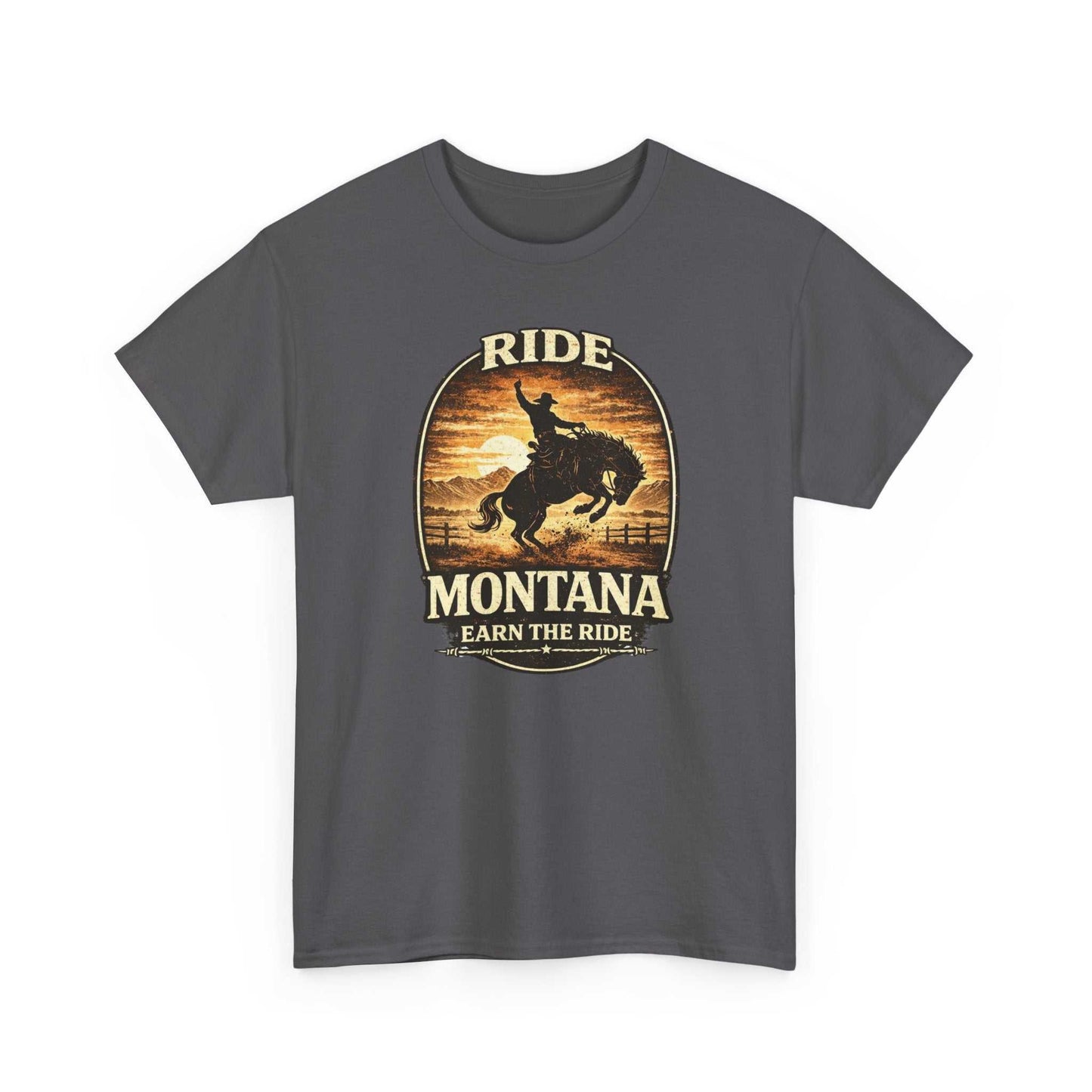 Big Sky Ranch Co. Montana T-Shirt featuring vintage Bronco cowboy sunset design, casual graphic tee for outdoor enthusiasts.