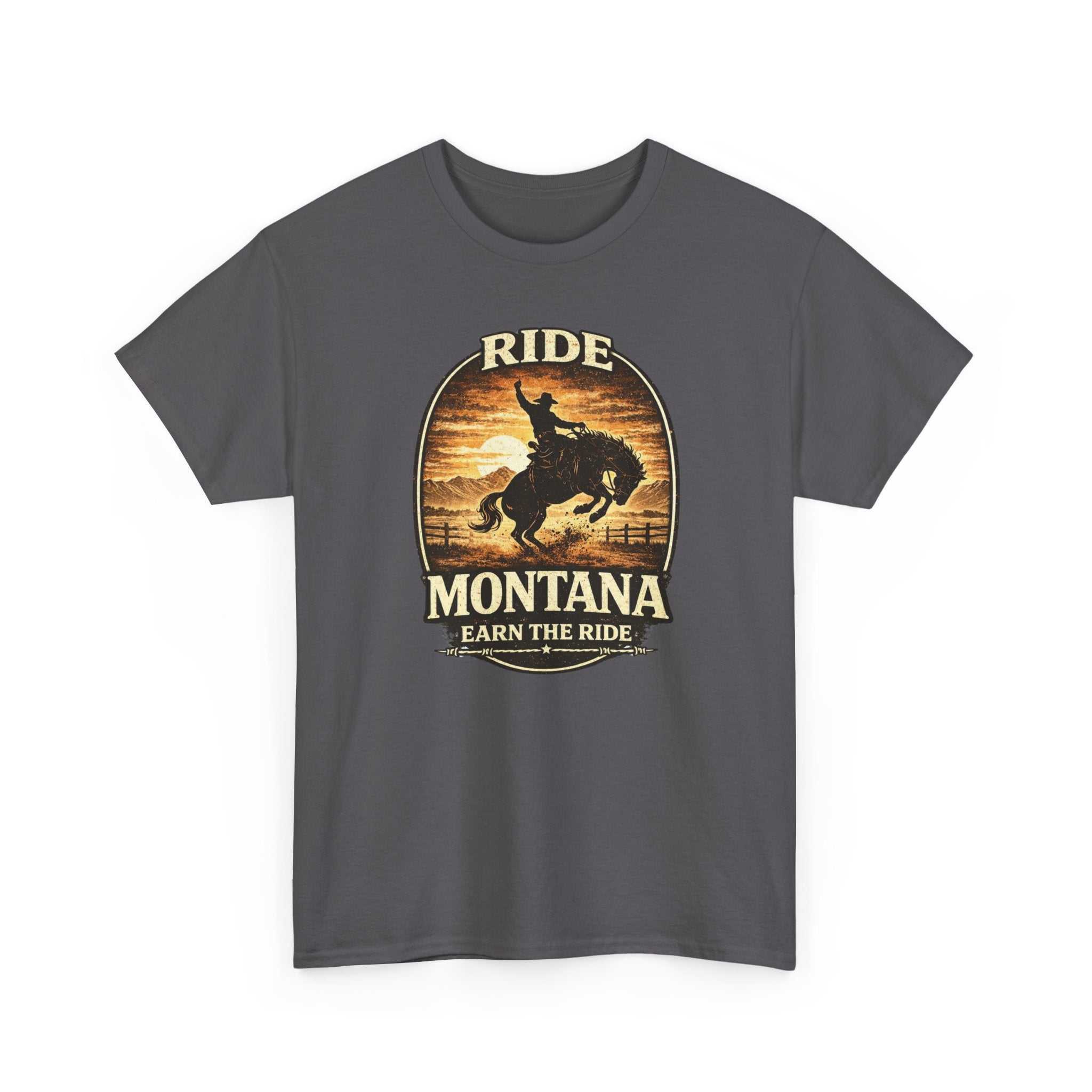 Big Sky Ranch Co. Montana T-Shirt featuring vintage Bronco cowboy sunset design, casual graphic tee for outdoor enthusiasts.