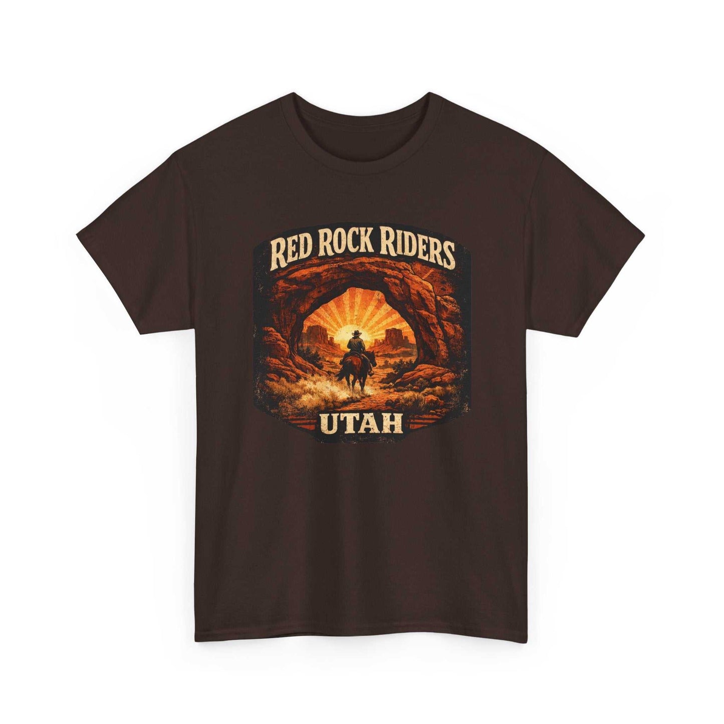 Red Rock Riders Utah vintage motorcycle sunset graphic T-shirt by Big Sky Ranch Co., featuring a colorful motorcycle design on a casual tee.