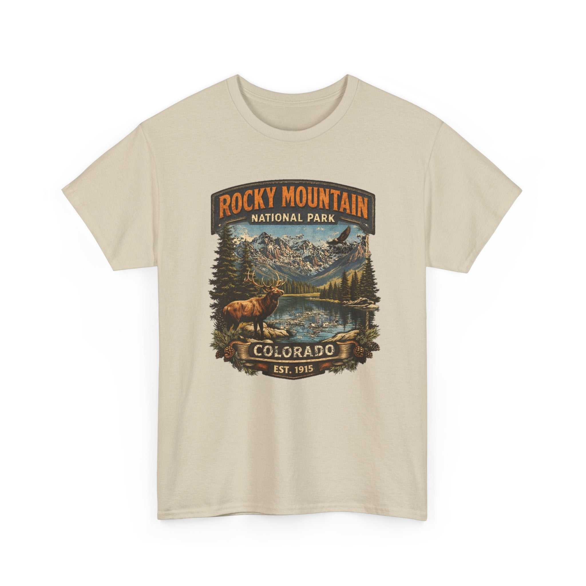 Vintage Rocky Mountain National Park Colorado graphic T-shirt by Big Sky Ranch Co. featuring outdoors elk design on soft cotton fabric.