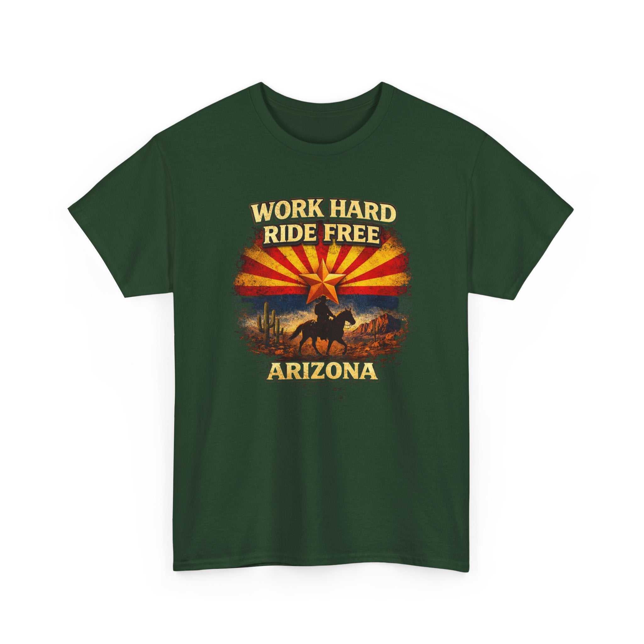 Arizona Big Sky Ranch Co. cowboy T-shirt with "Work Hard Ride Free" slogan, white fabric, front view.