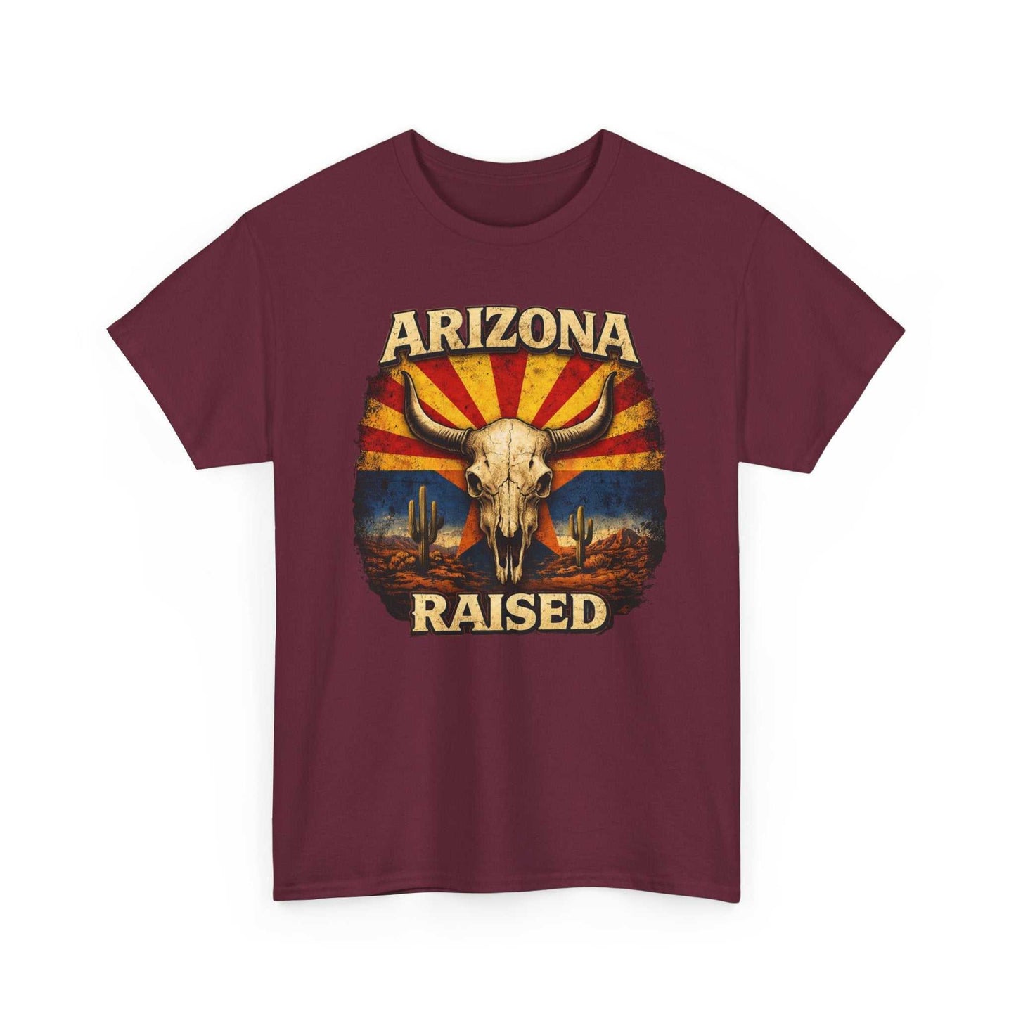 Arizona Raised T-Shirt by Big Sky Ranch Co. featuring desert skull and retro flag design on a casual tee.