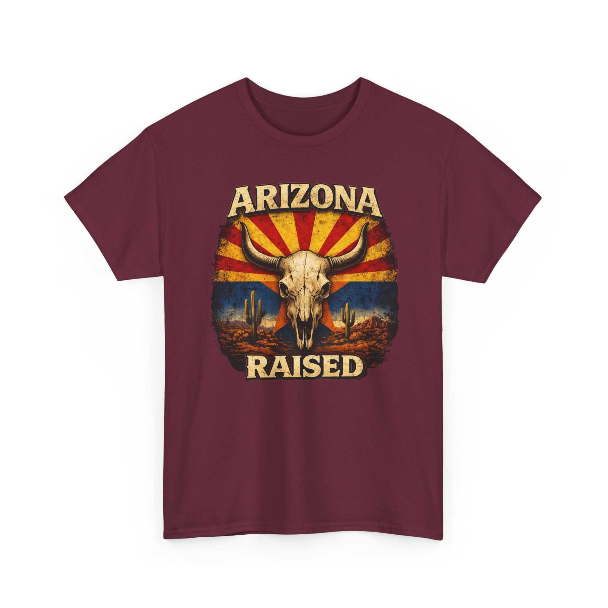 Arizona Raised T-Shirt by Big Sky Ranch Co. featuring desert skull and retro flag design on a casual tee.