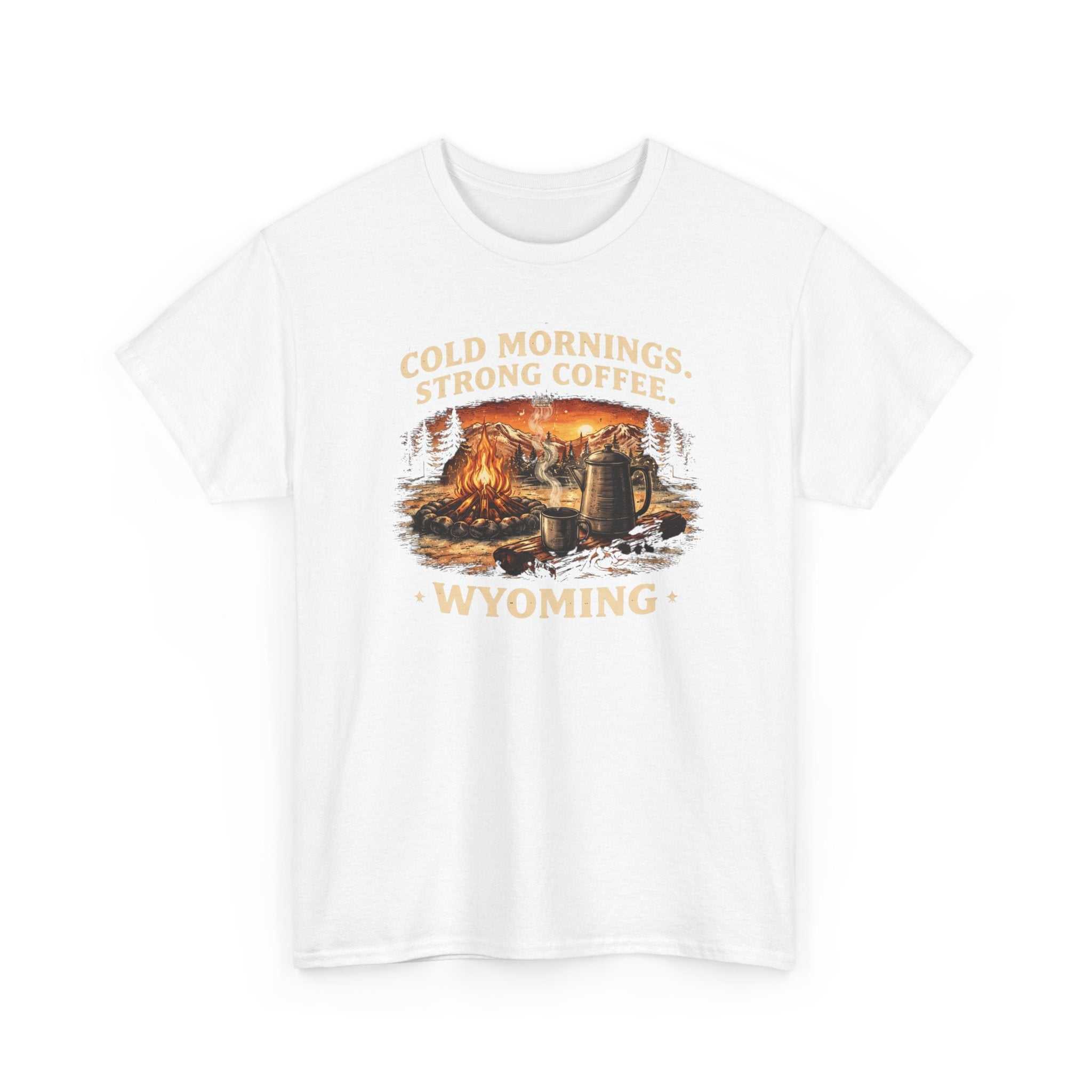 Big Sky Ranch Co. Wyoming Campfire T-Shirt featuring outdoor graphic with "Cold Mornings, Strong Coffee" design and camping scene.
