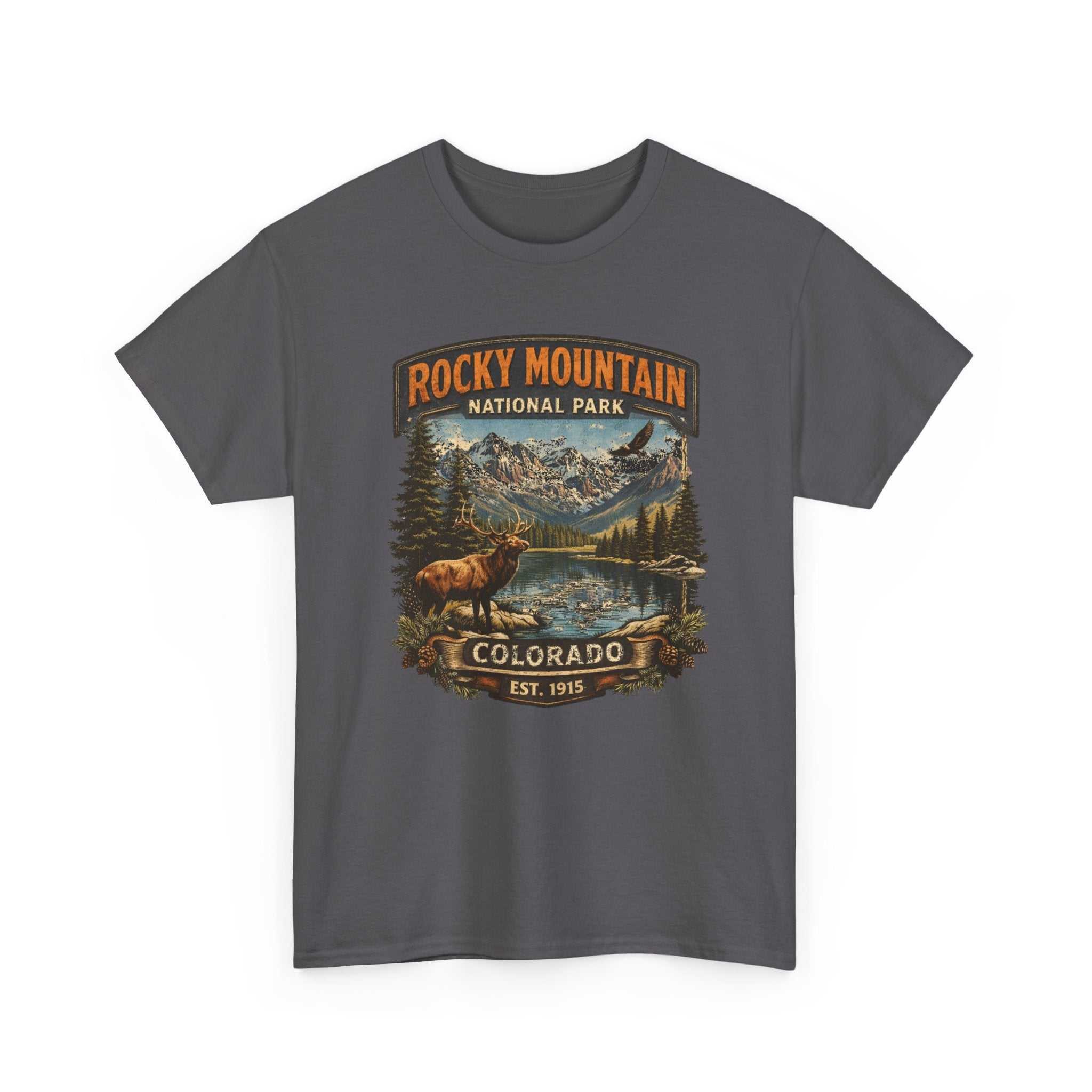 Vintage Rocky Mountain National Park Colorado graphic T-shirt by Big Sky Ranch Co. featuring an outdoors elk design.